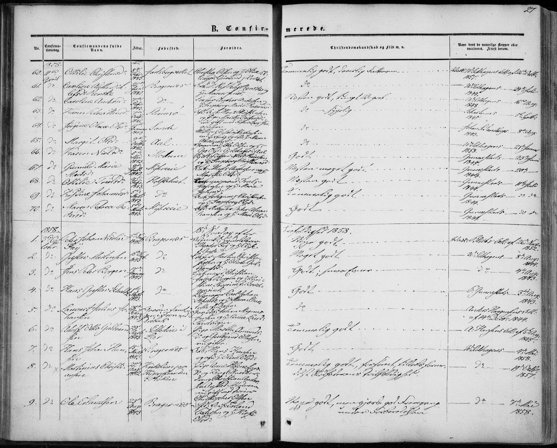 Bragernes kirkebøker, AV/SAKO-A-6/F/Fc/L0002: Parish register (official) no. III 2, 1854-1865, p. 27