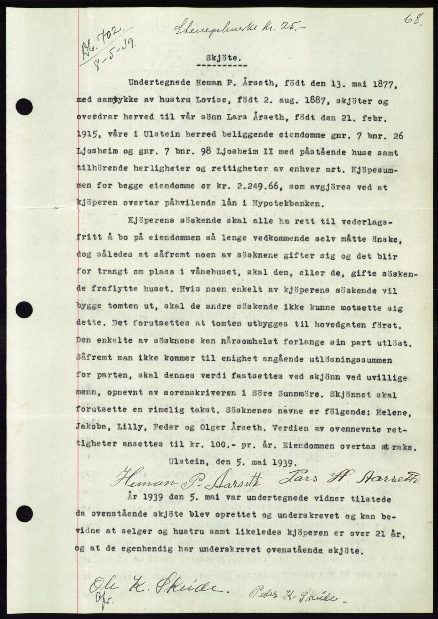 Søre Sunnmøre sorenskriveri, AV/SAT-A-4122/1/2/2C/L0068: Mortgage book no. 62, 1939-1939, Diary no: : 702/1939