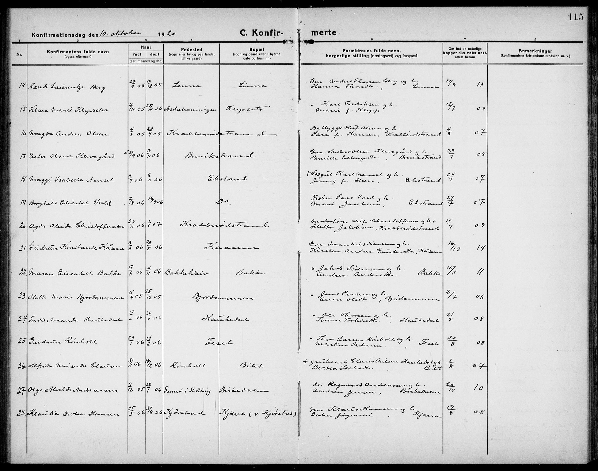 Bamble kirkebøker, AV/SAKO-A-253/G/Ga/L0011: Parish register (copy) no. I 11, 1920-1935, p. 115