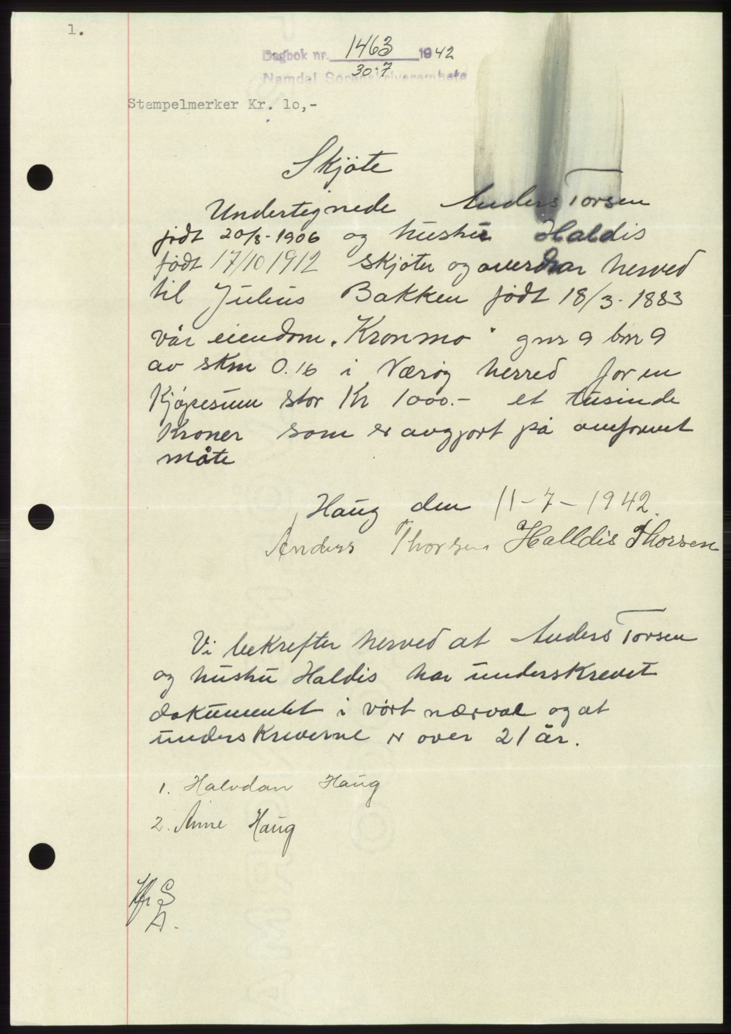 Namdal sorenskriveri, SAT/A-4133/1/2/2C: Mortgage book no. -, 1942-1943, Diary no: : 1463/1942