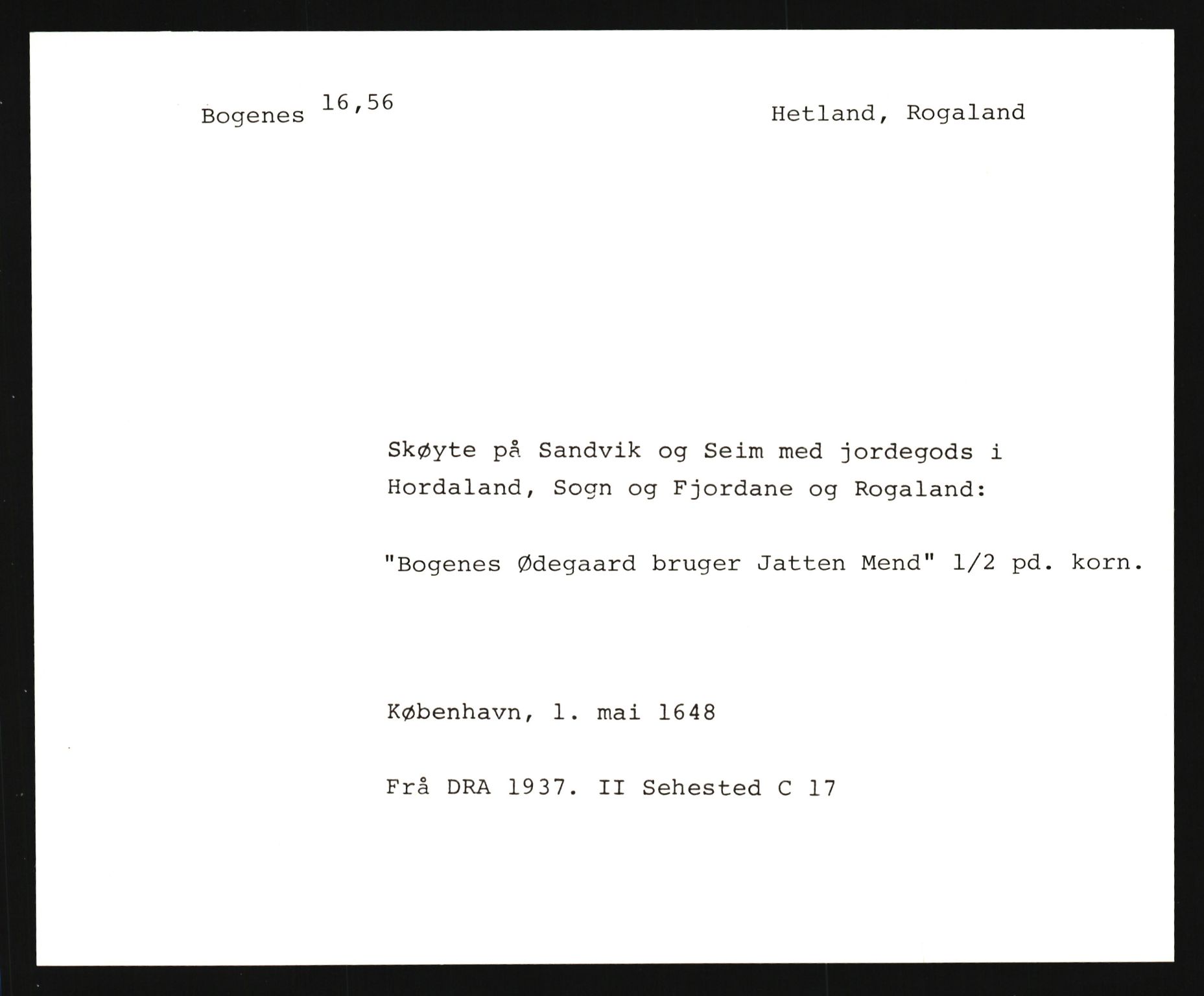 Riksarkivets diplomsamling, AV/RA-EA-5965/F35/F35e/L0027: Registreringssedler Rogaland, 1400-1700, p. 187