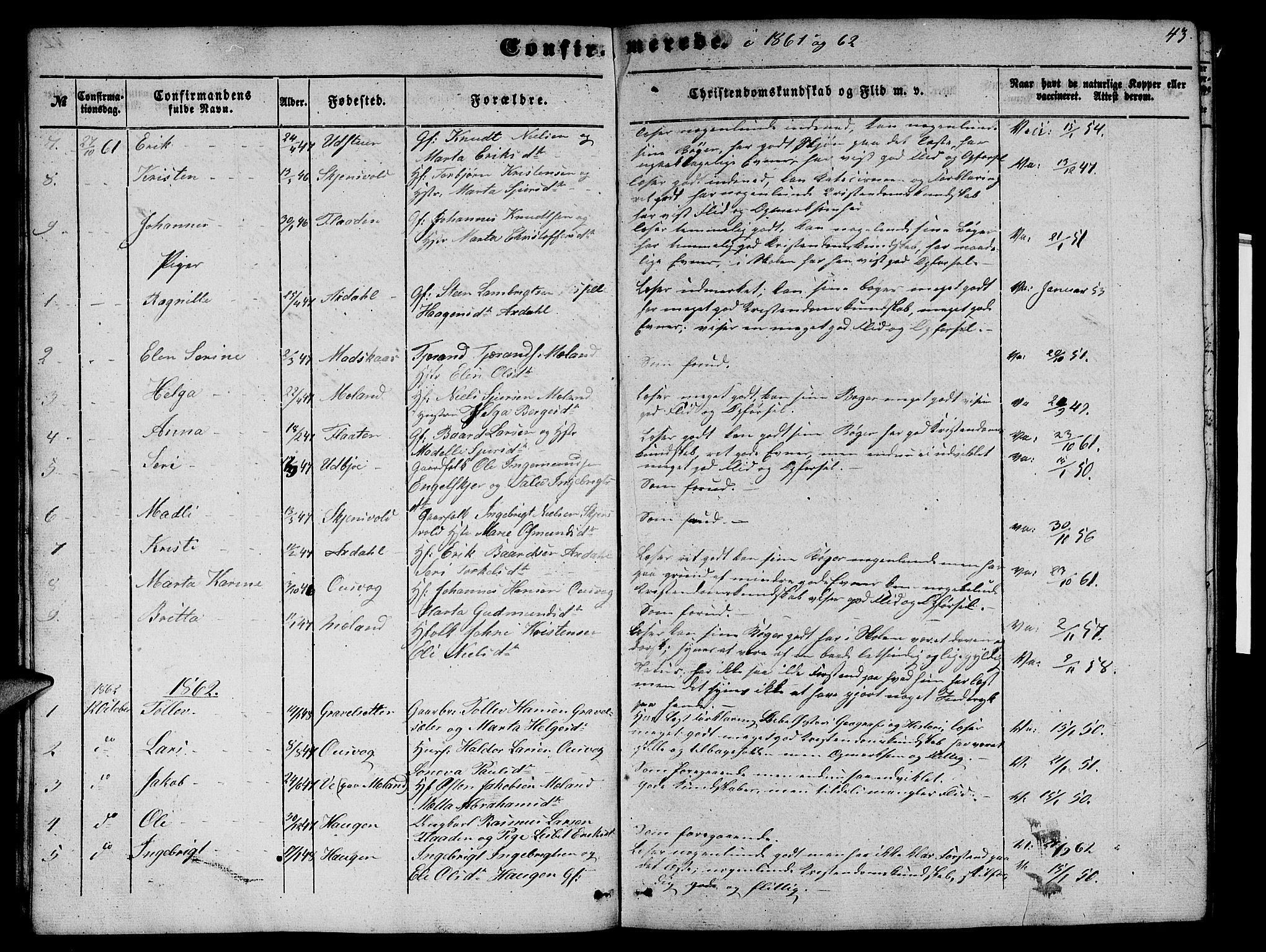 Etne sokneprestembete, SAB/A-75001/H/Hab: Parish register (copy) no. B 2, 1851-1866, p. 43