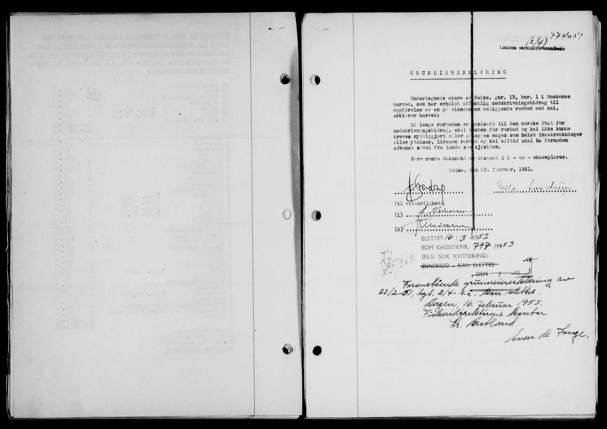 Lofoten sorenskriveri, SAT/A-0017/1/2/2C/L0025a: Mortgage book no. 25a, 1950-1951, Diary no: : 774/1951