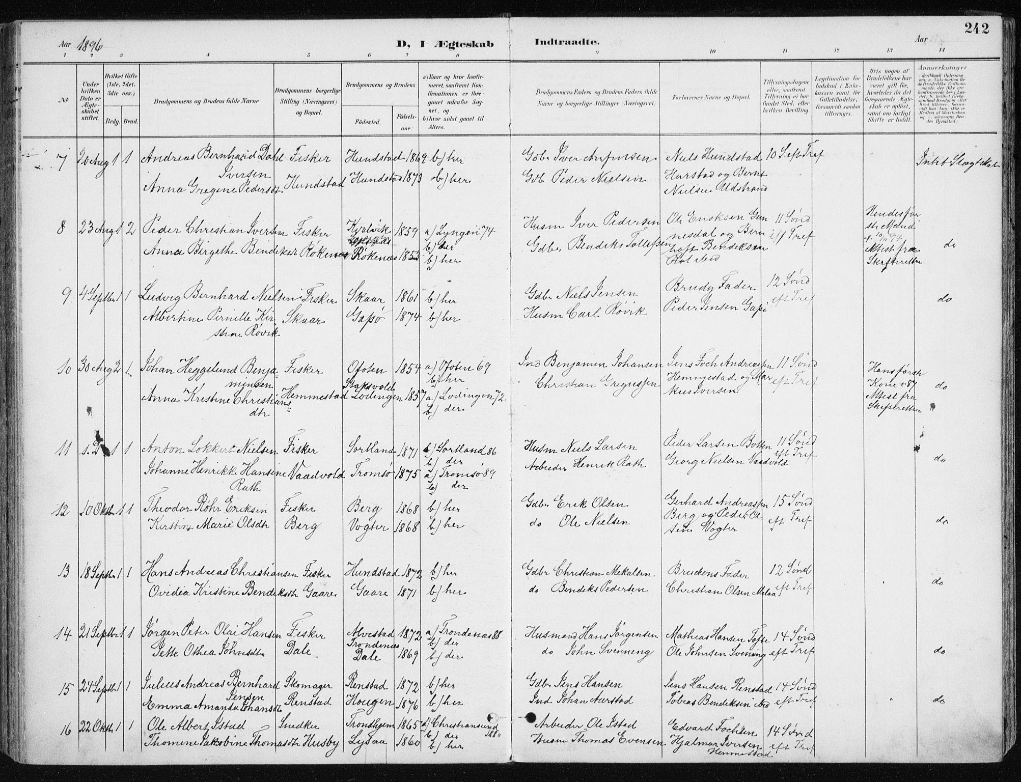 Kvæfjord sokneprestkontor, AV/SATØ-S-1323/G/Ga/Gaa/L0006kirke: Parish register (official) no. 6, 1895-1914, p. 242