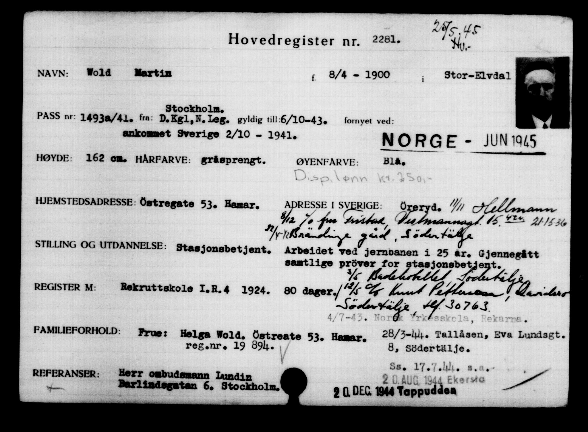Utenriksstasjonene, Legasjonen i Stockholm, Flyktningkontoret, AV/RA-S-6753/V/Va/L0003: Kjesäterkartoteket, flyktninger med registreringsnr. 2001-3495, 1940-1945, p. 395