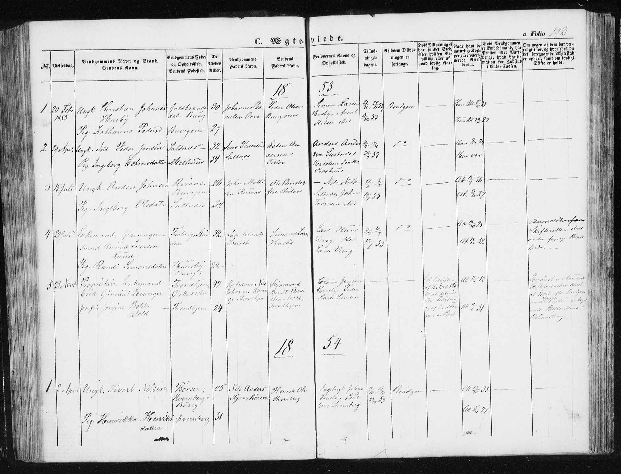 Ministerialprotokoller, klokkerbøker og fødselsregistre - Sør-Trøndelag, SAT/A-1456/612/L0376: Parish register (official) no. 612A08, 1846-1859, p. 192