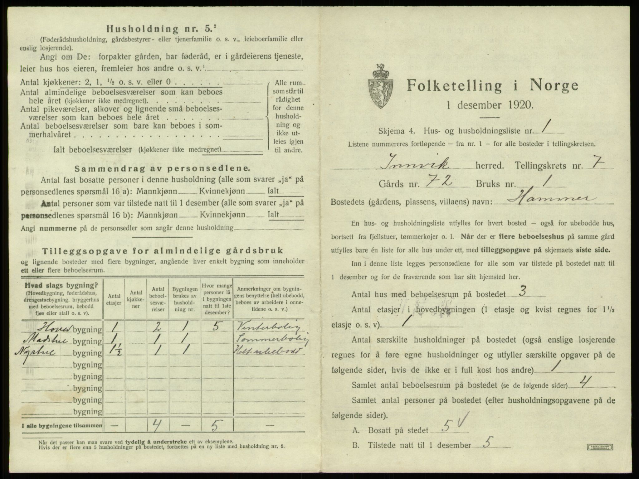 SAB, 1920 census for Innvik, 1920, p. 391