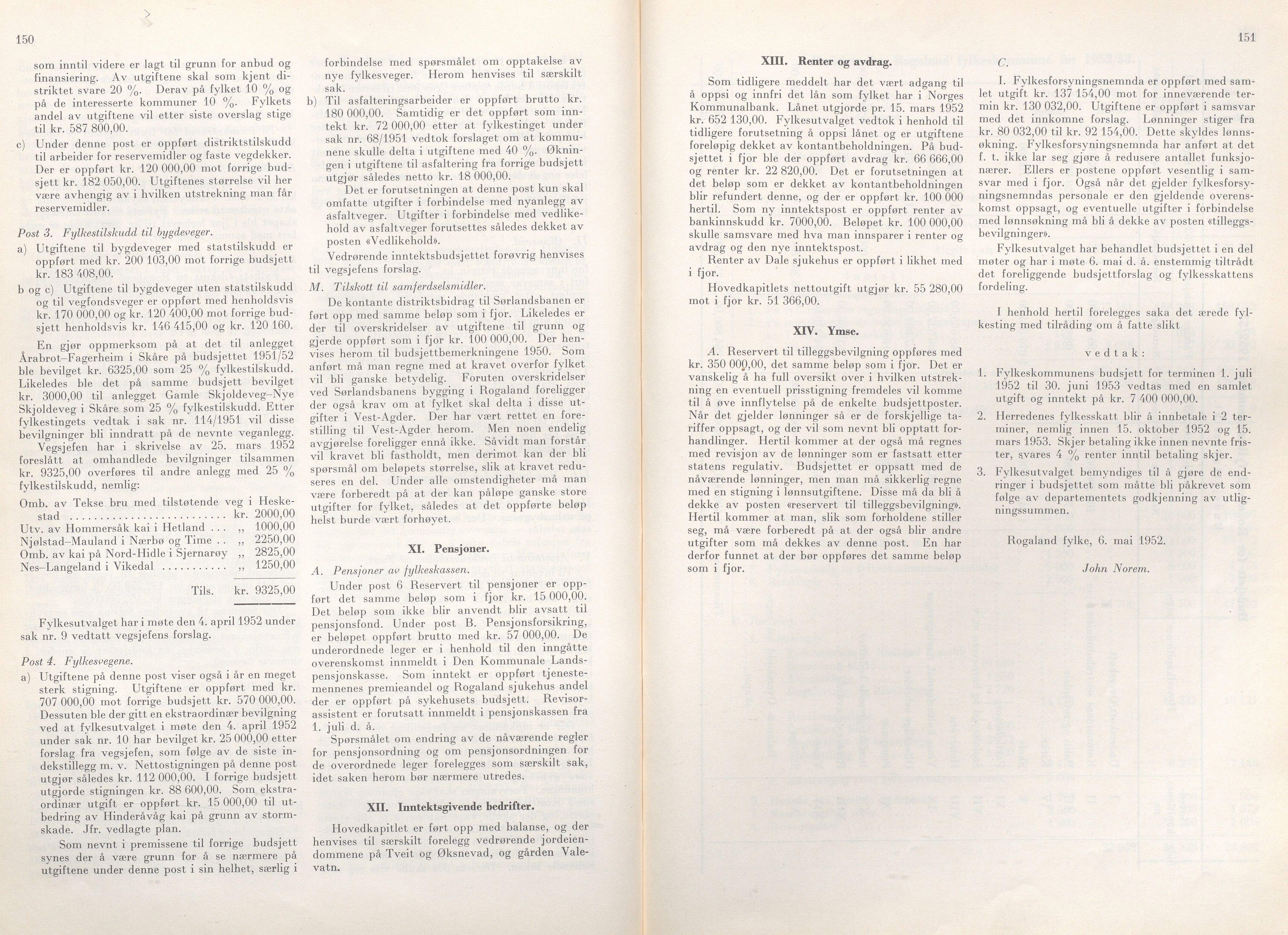 Rogaland fylkeskommune - Fylkesrådmannen , IKAR/A-900/A/Aa/Aaa/L0071: Møtebok , 1952, p. 150-151