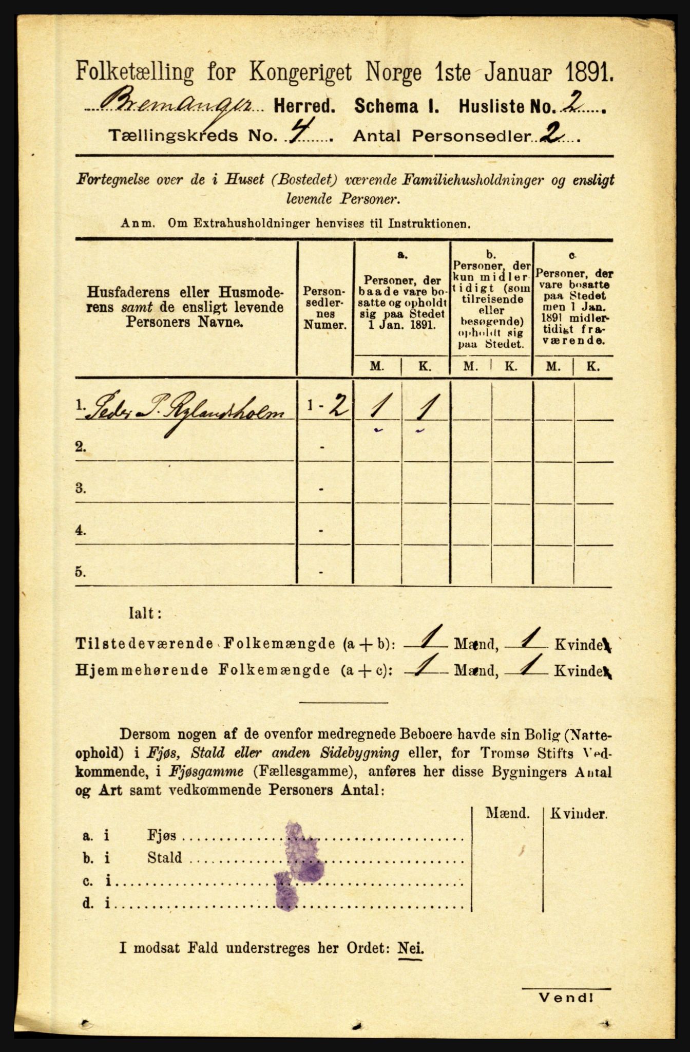 RA, 1891 census for 1438 Bremanger, 1891, p. 1448