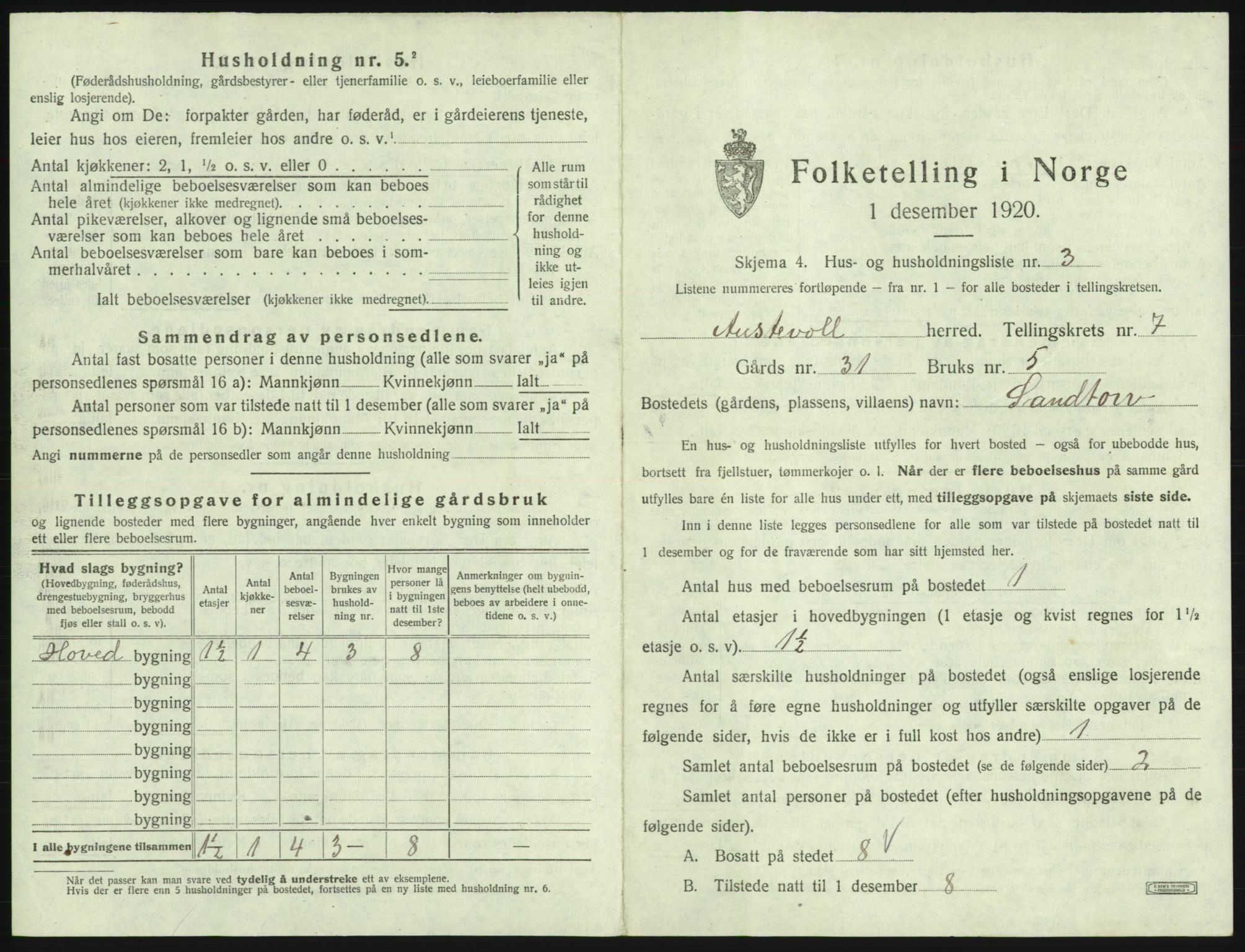 SAB, 1920 census for Austevoll, 1920, p. 457