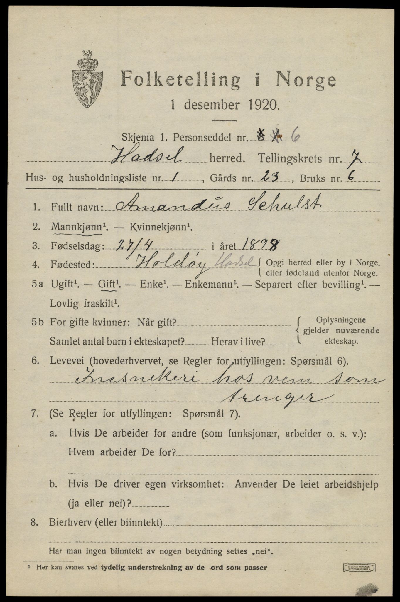 SAT, 1920 census for Hadsel, 1920, p. 6888