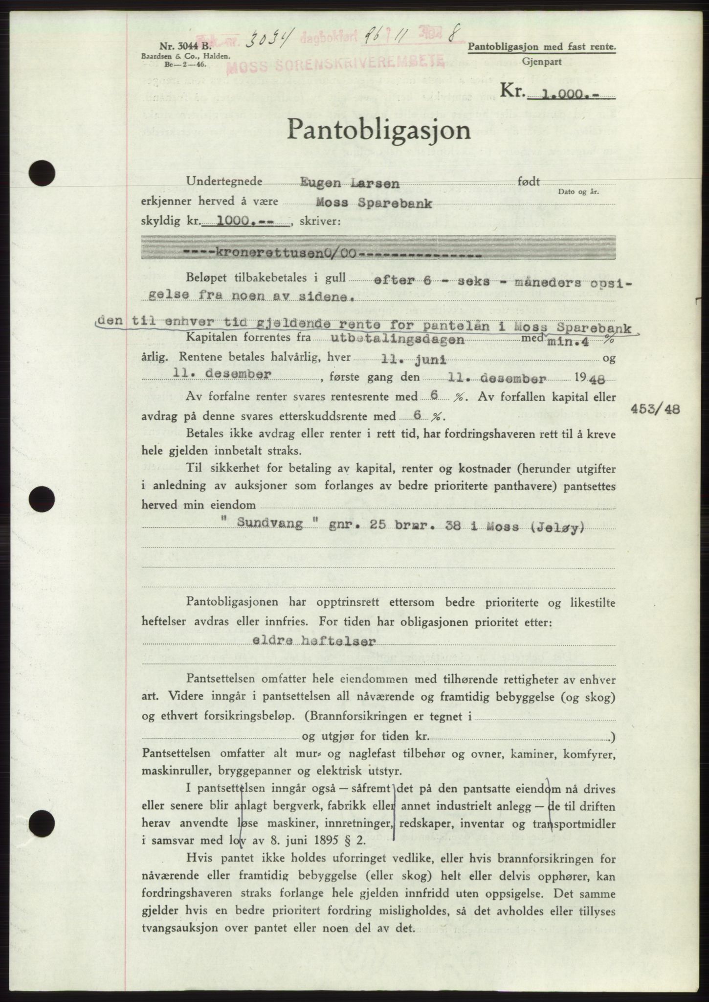 Moss sorenskriveri, AV/SAO-A-10168: Mortgage book no. B20, 1948-1948, Diary no: : 3034/1948