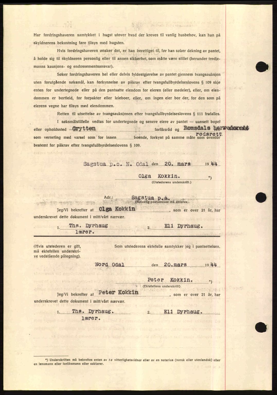 Romsdal sorenskriveri, AV/SAT-A-4149/1/2/2C: Mortgage book no. B2, 1939-1945, Diary no: : 882/1944