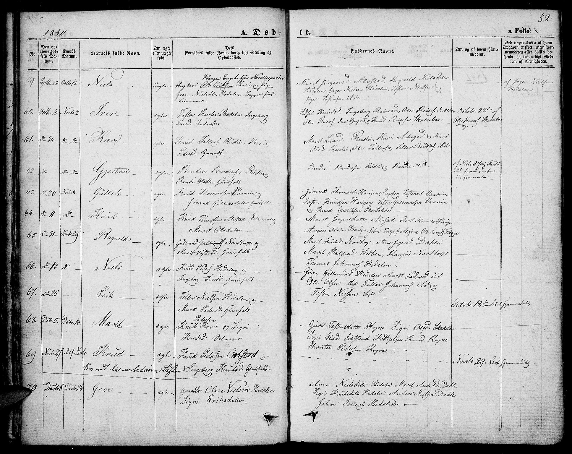 Slidre prestekontor, SAH/PREST-134/H/Ha/Haa/L0004: Parish register (official) no. 4, 1831-1848, p. 52