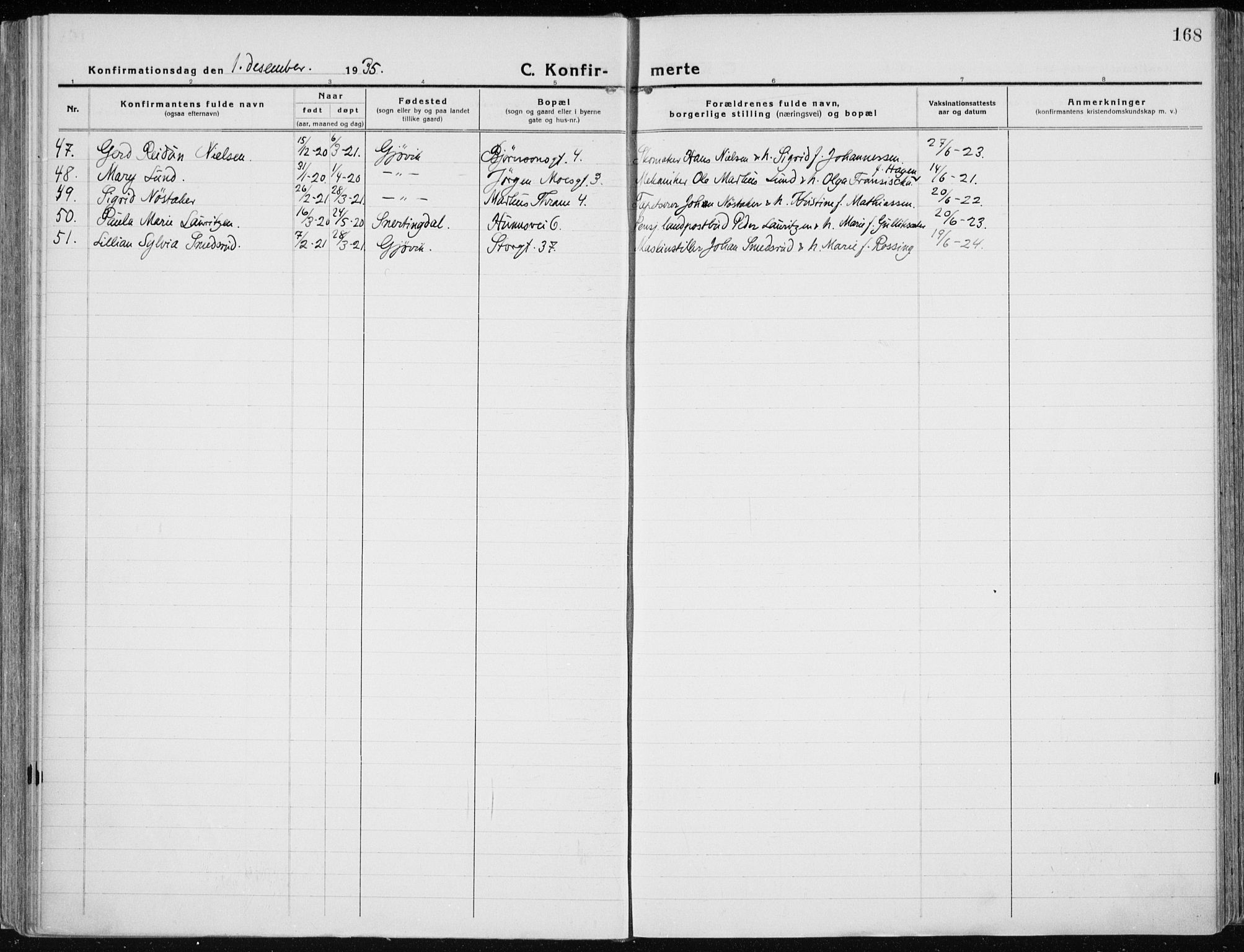 Vardal prestekontor, SAH/PREST-100/H/Ha/Haa/L0015: Parish register (official) no. 15, 1923-1937, p. 168