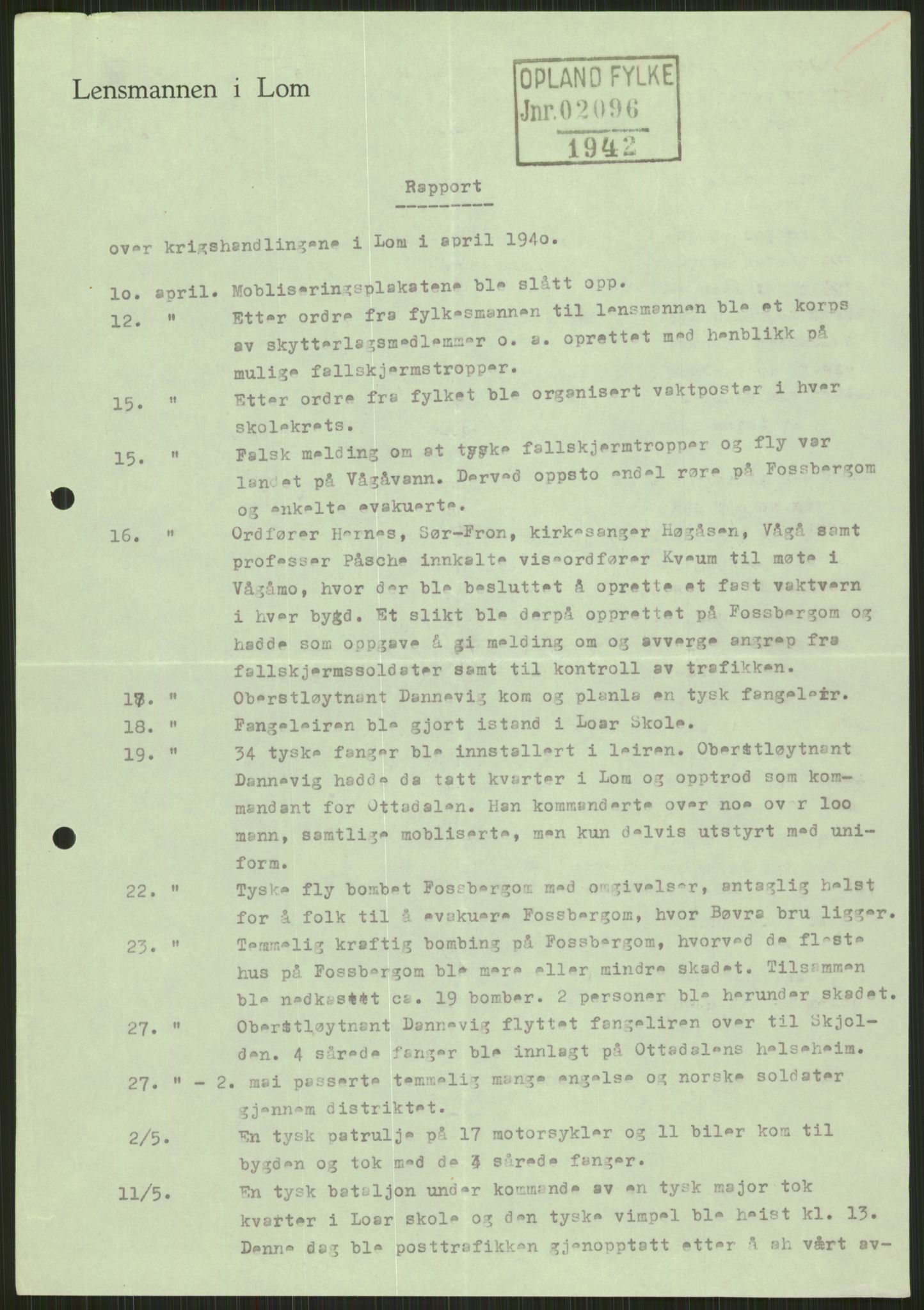 Forsvaret, Forsvarets krigshistoriske avdeling, AV/RA-RAFA-2017/Y/Ya/L0014: II-C-11-31 - Fylkesmenn.  Rapporter om krigsbegivenhetene 1940., 1940, p. 129