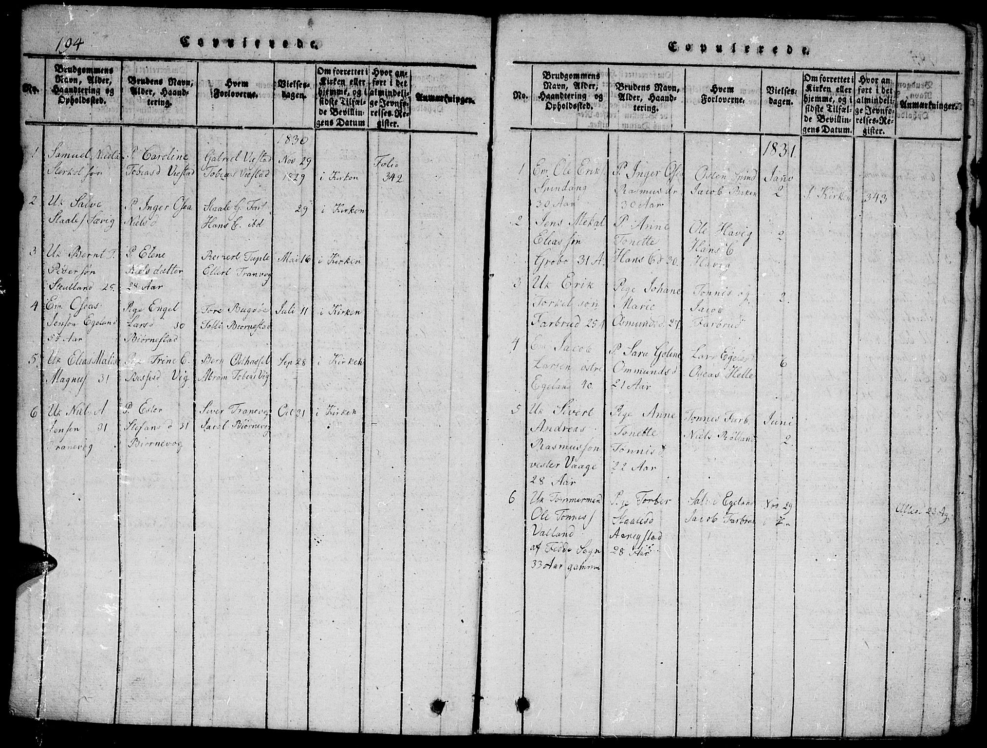 Herad sokneprestkontor, SAK/1111-0018/F/Fb/Fbb/L0001: Parish register (copy) no. B 1, 1815-1852, p. 194