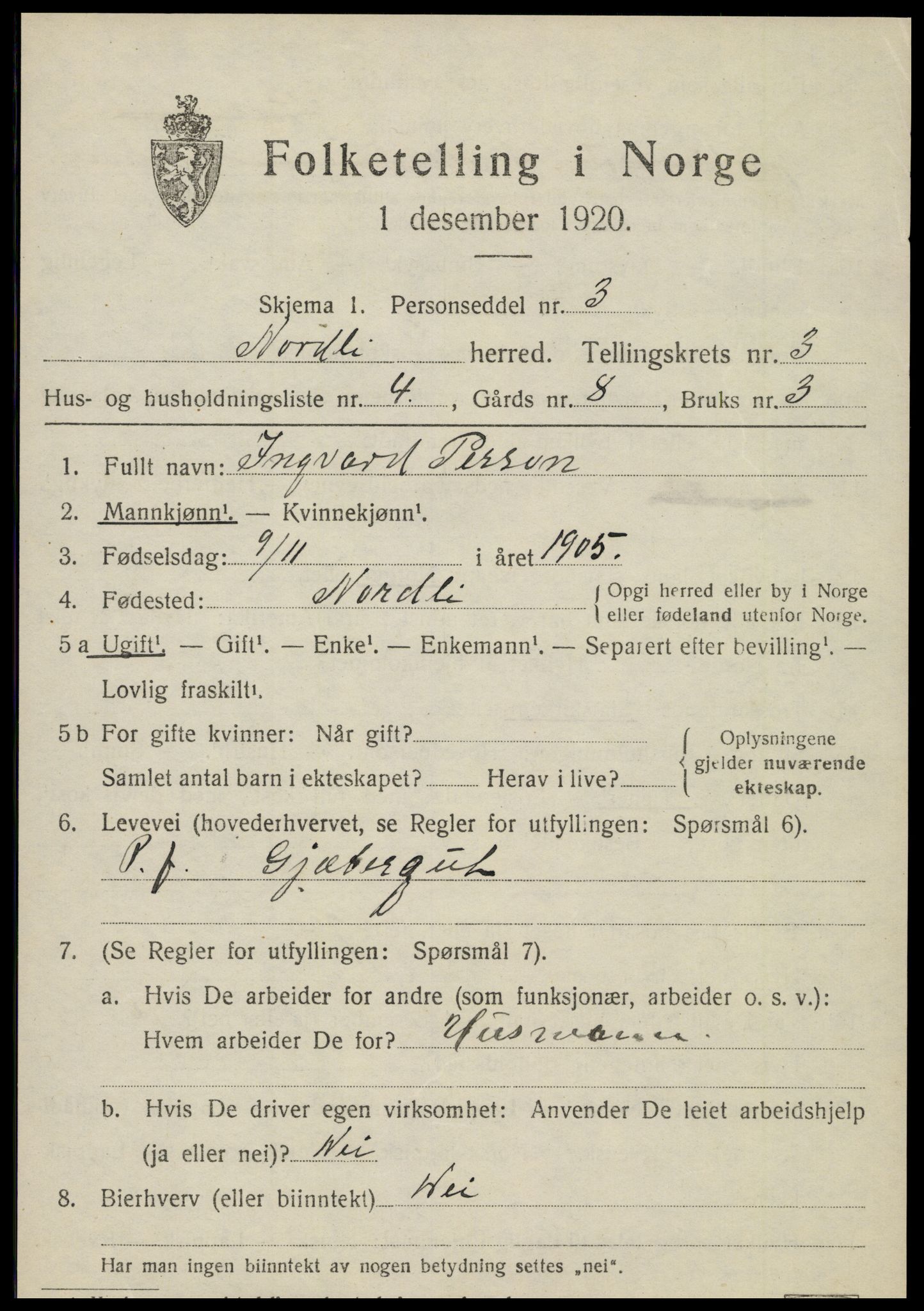 SAT, 1920 census for Nordli, 1920, p. 1445