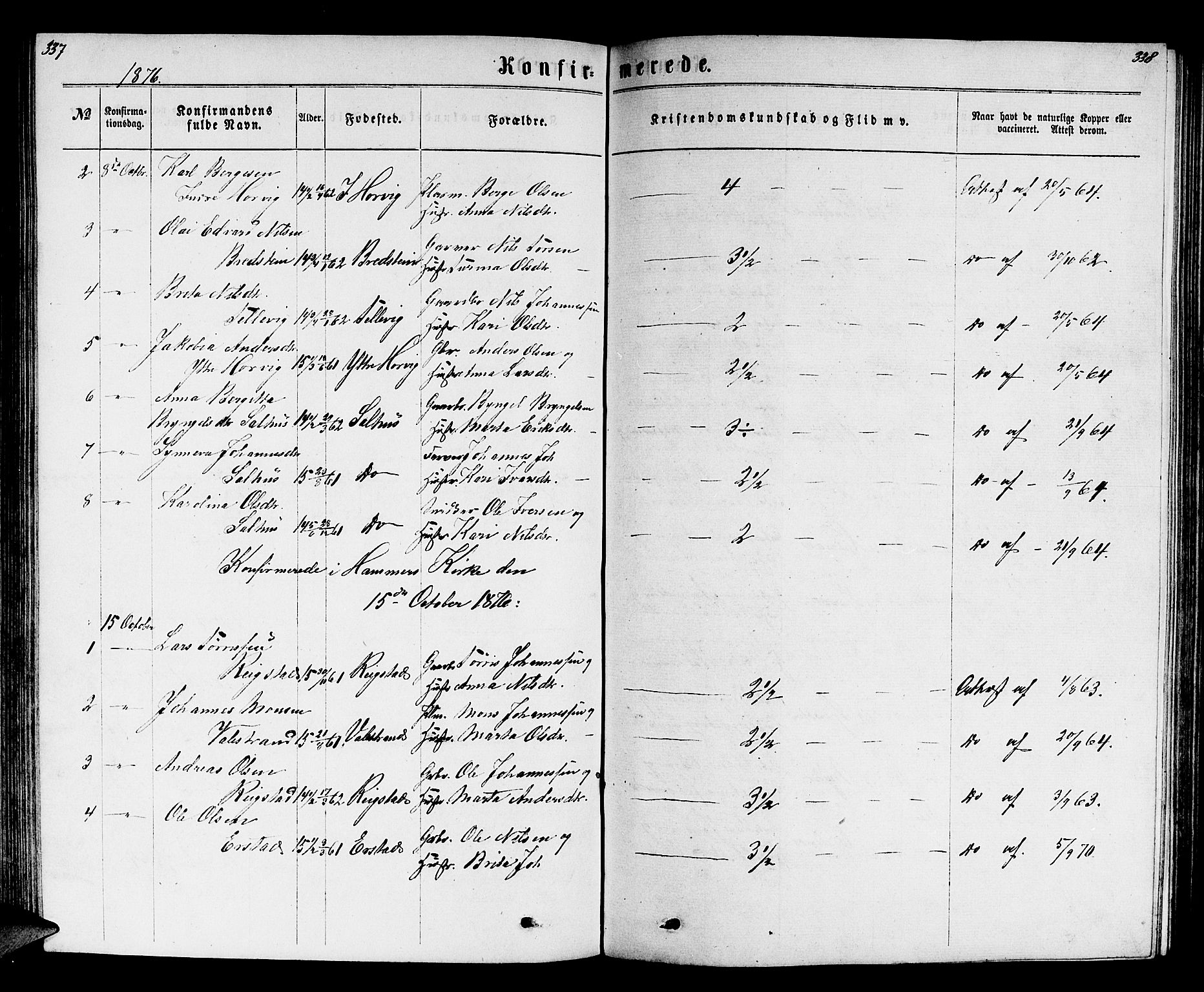 Hamre sokneprestembete, SAB/A-75501/H/Ha/Hab: Parish register (copy) no. B 2, 1863-1880, p. 337-338