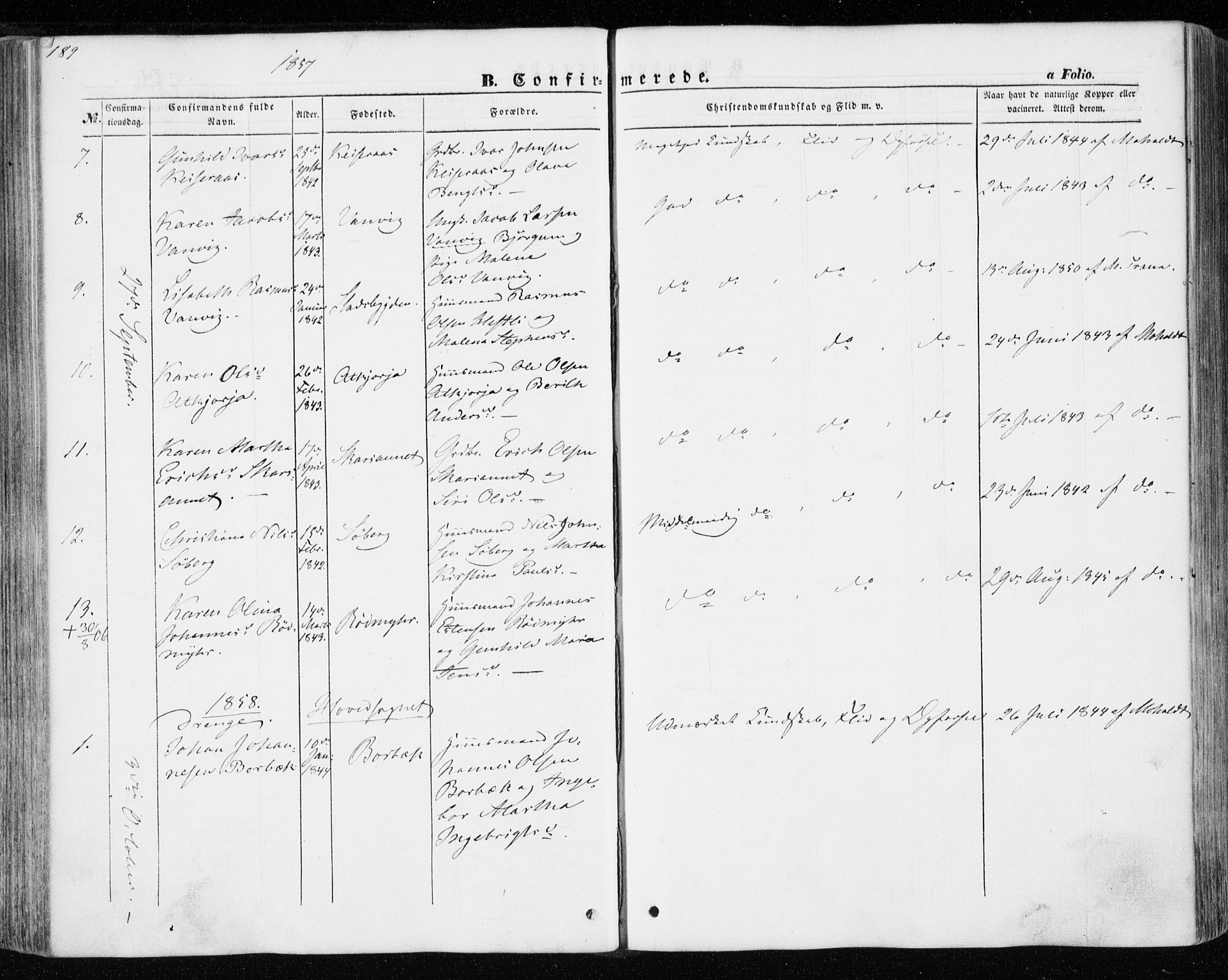 Ministerialprotokoller, klokkerbøker og fødselsregistre - Nord-Trøndelag, SAT/A-1458/701/L0008: Parish register (official) no. 701A08 /1, 1854-1863, p. 189