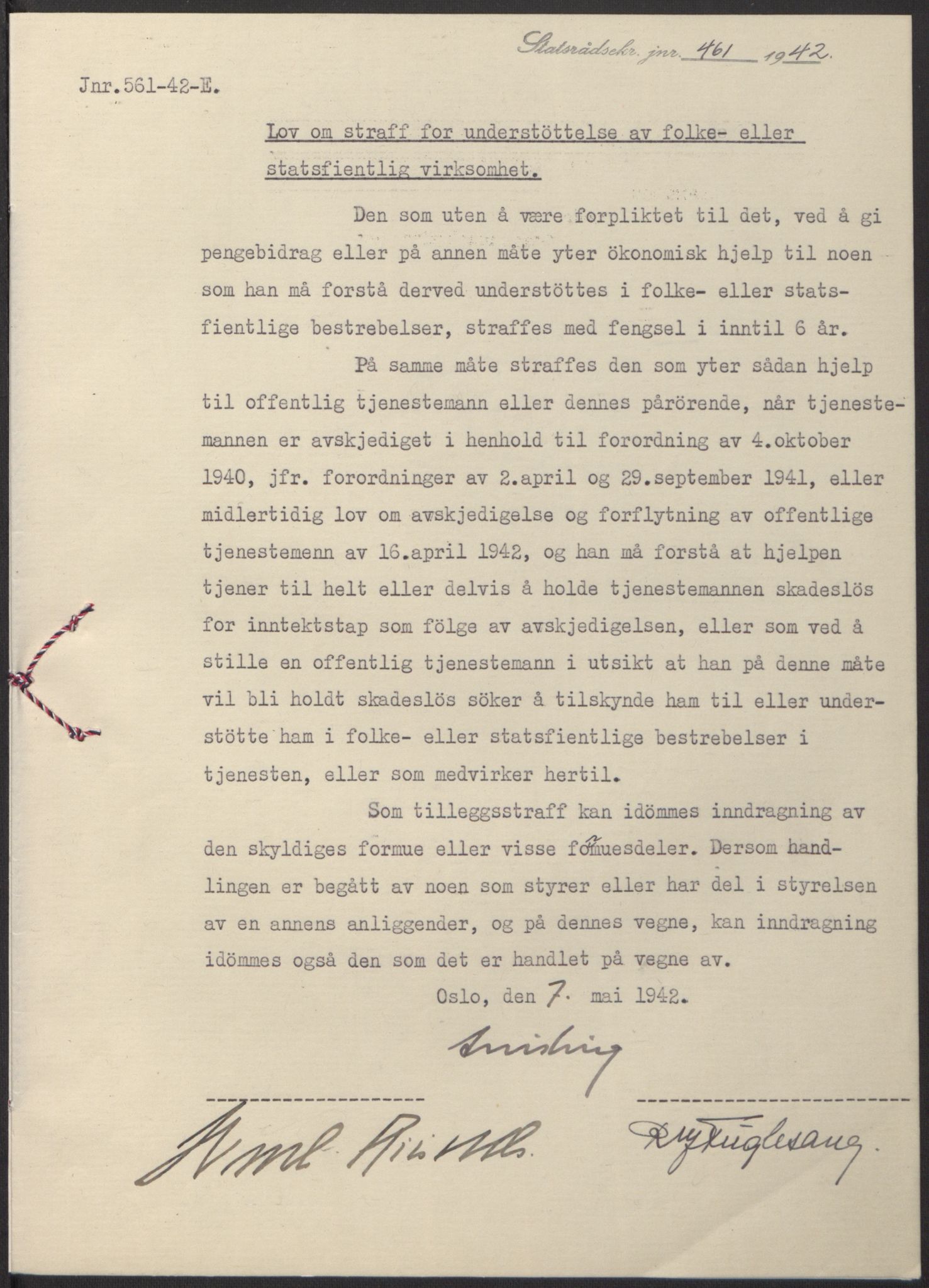 NS-administrasjonen 1940-1945 (Statsrådsekretariatet, de kommisariske statsråder mm), RA/S-4279/D/Db/L0097: Lover I, 1942, p. 334