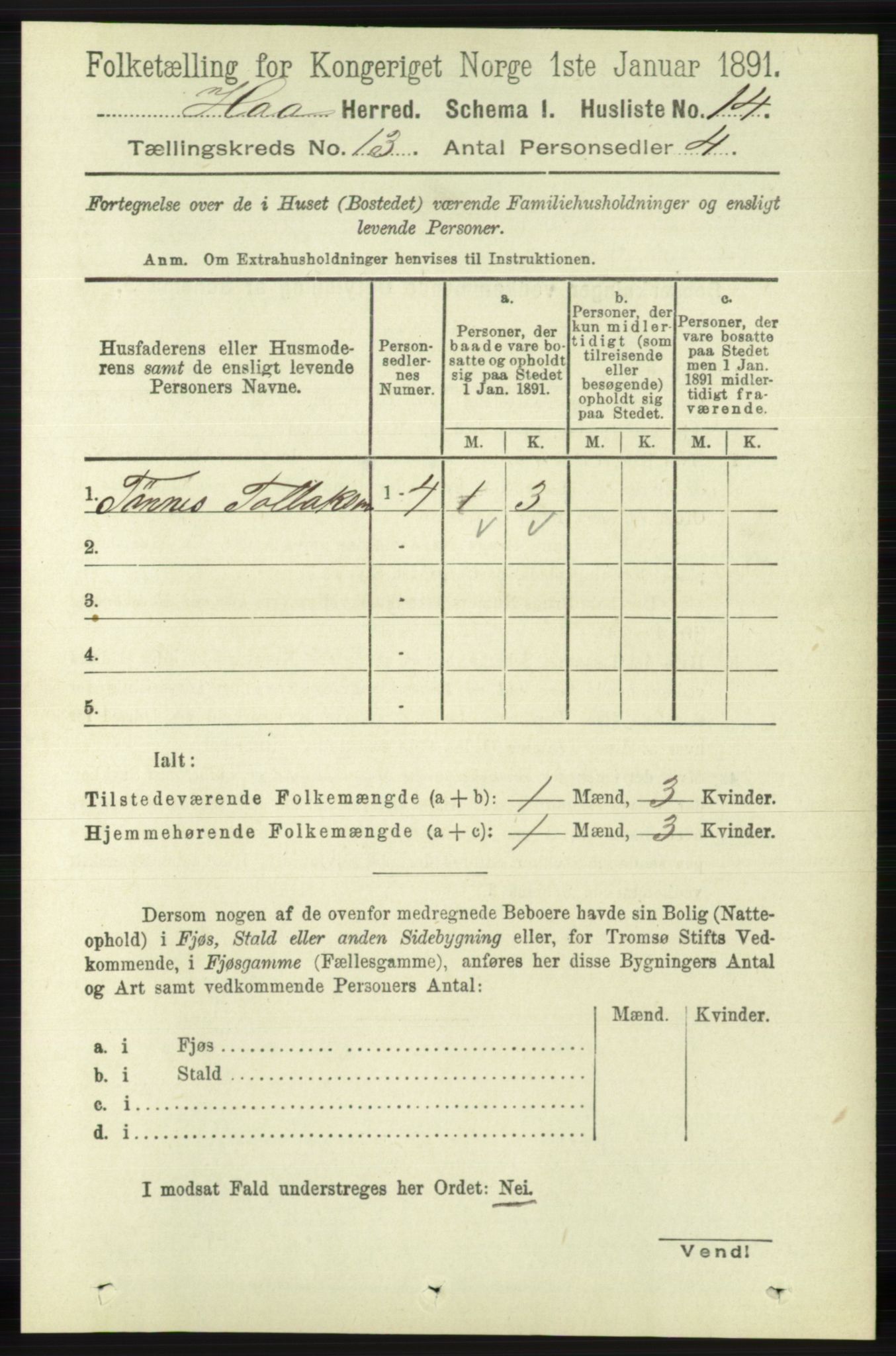 RA, 1891 census for 1119 Hå, 1891, p. 3138