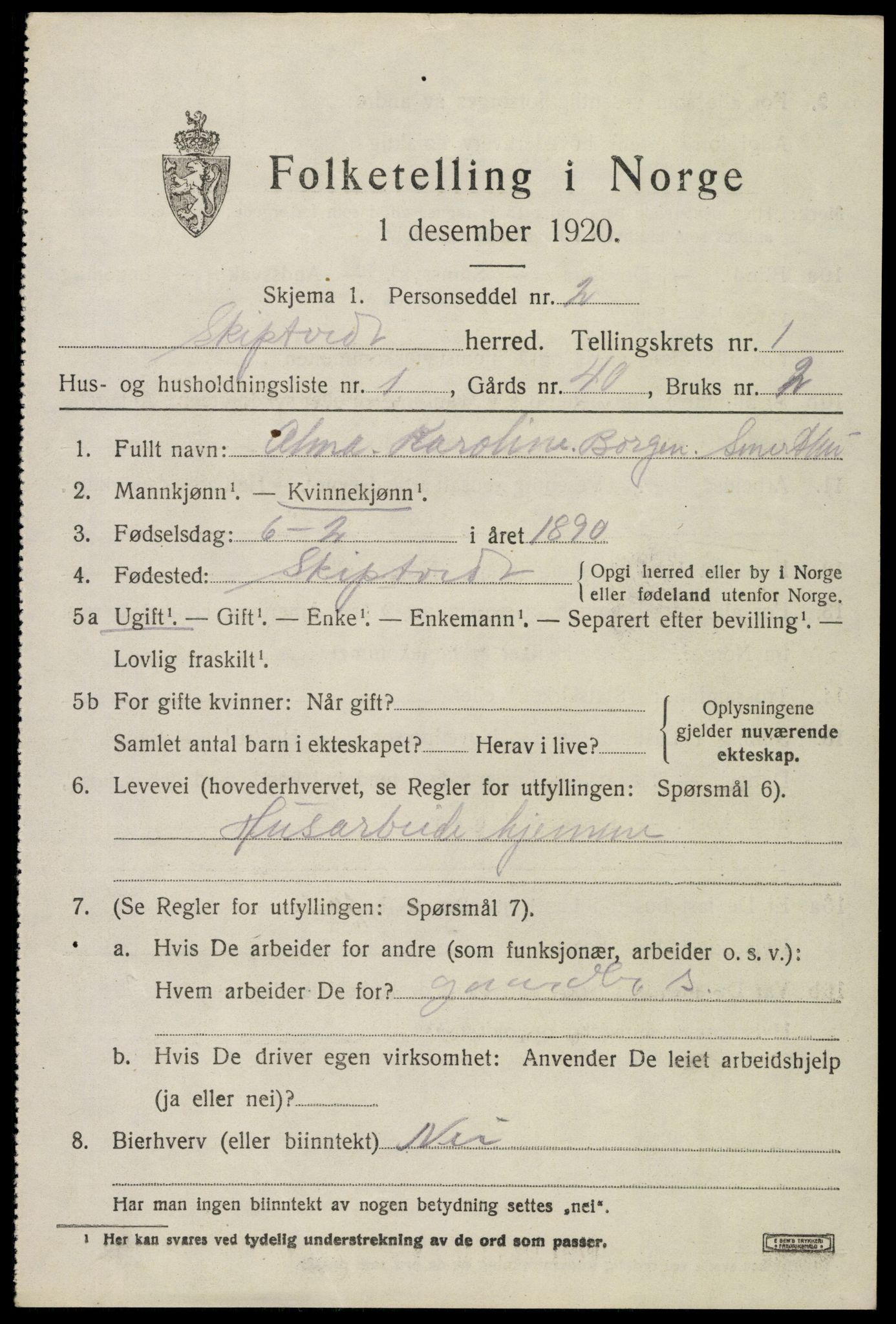 SAO, 1920 census for Skiptvet, 1920, p. 925