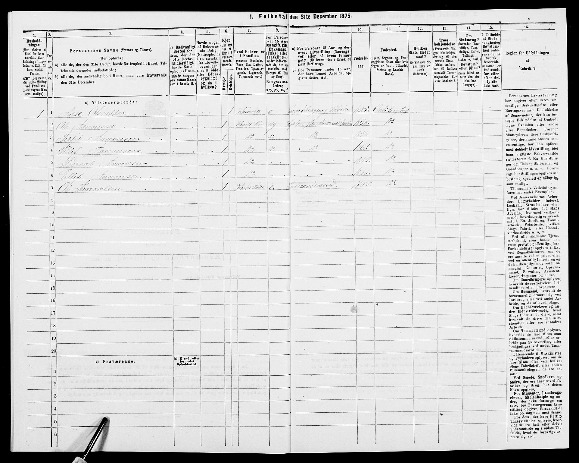 SAK, 1875 census for 0929P Åmli, 1875, p. 188