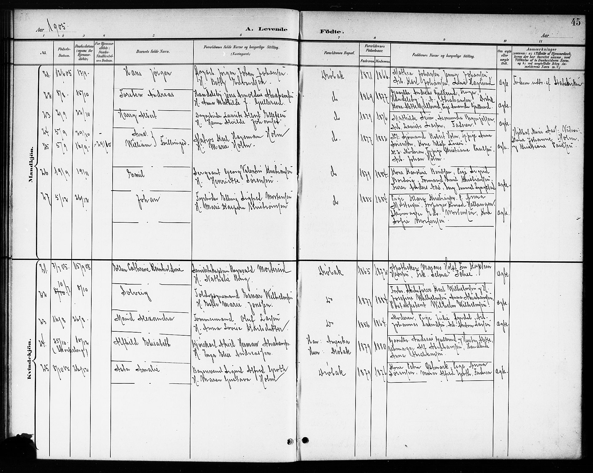 Drøbak prestekontor Kirkebøker, AV/SAO-A-10142a/G/Ga/L0001: Parish register (copy) no. I 1, 1897-1917, p. 45