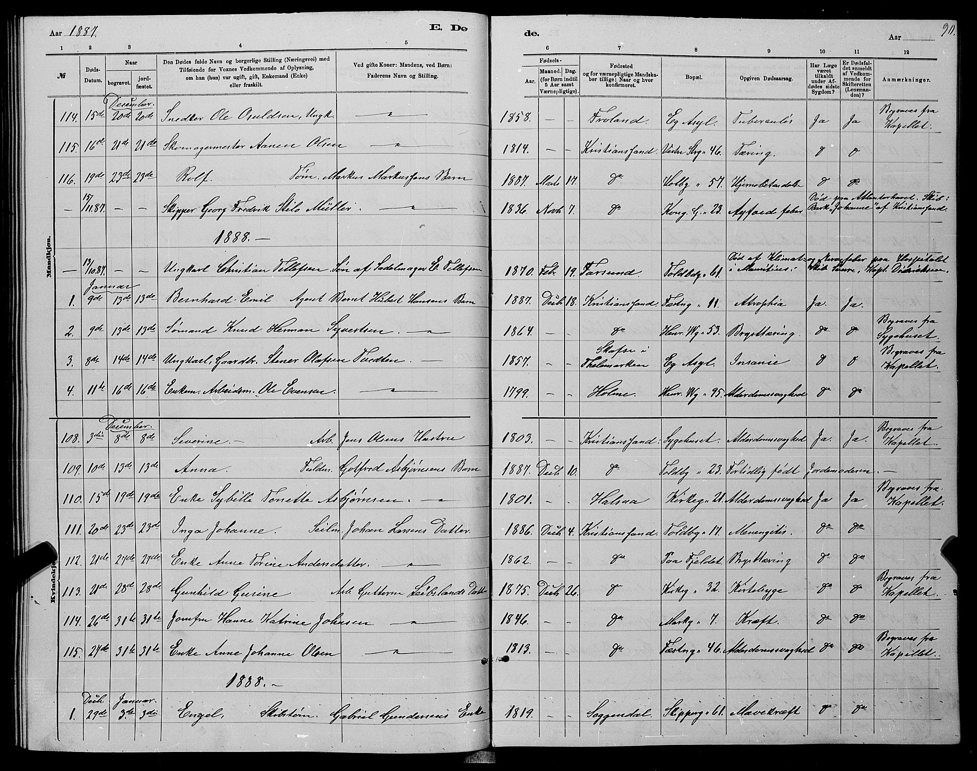 Kristiansand domprosti, SAK/1112-0006/F/Fb/L0016: Parish register (copy) no. B 16, 1881-1893, p. 90