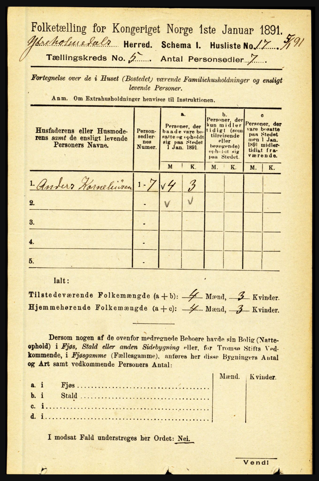 RA, 1891 census for 1429 Ytre Holmedal, 1891, p. 1135