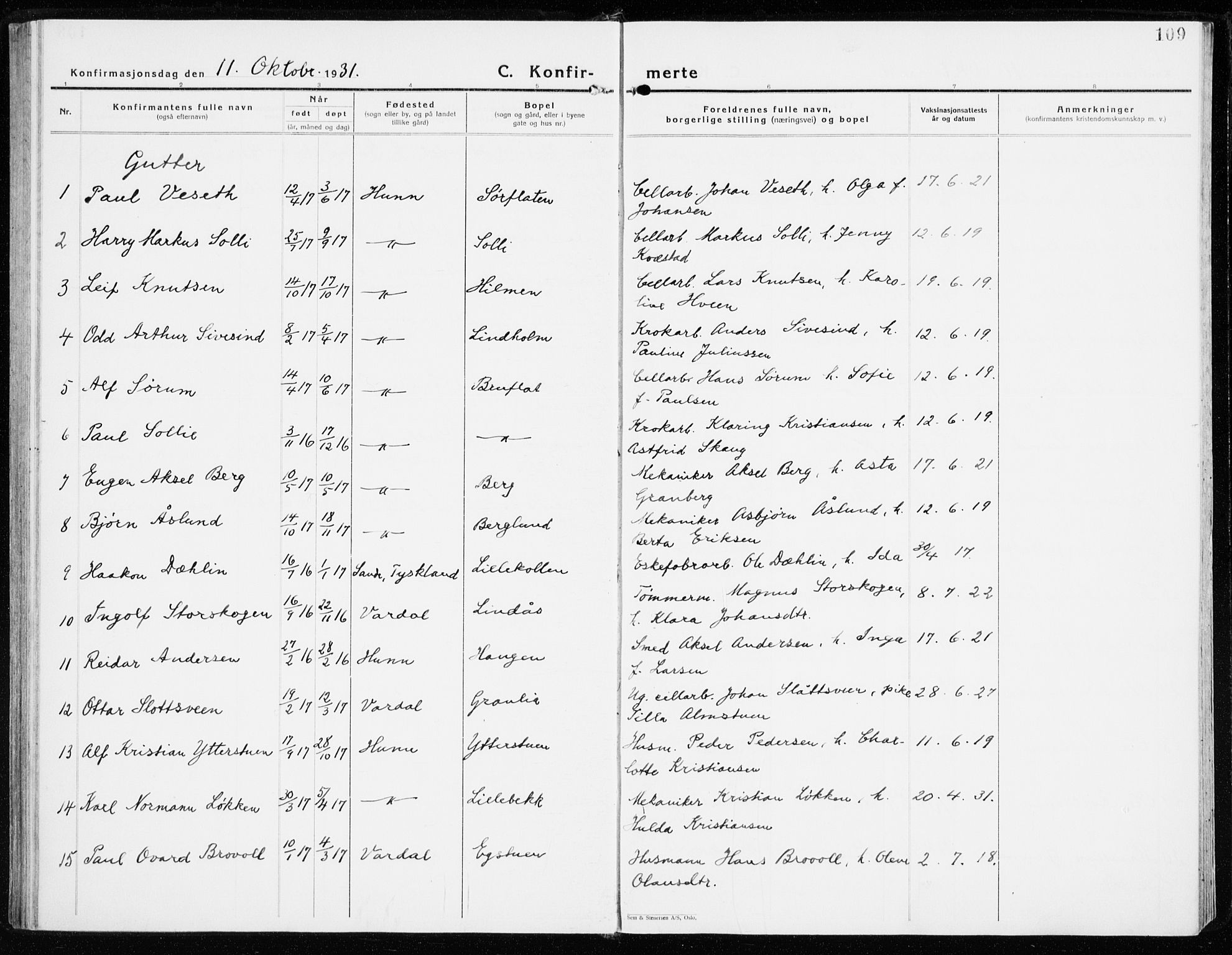 Vardal prestekontor, AV/SAH-PREST-100/H/Ha/Haa/L0018: Parish register (official) no. 18, 1930-1945, p. 109