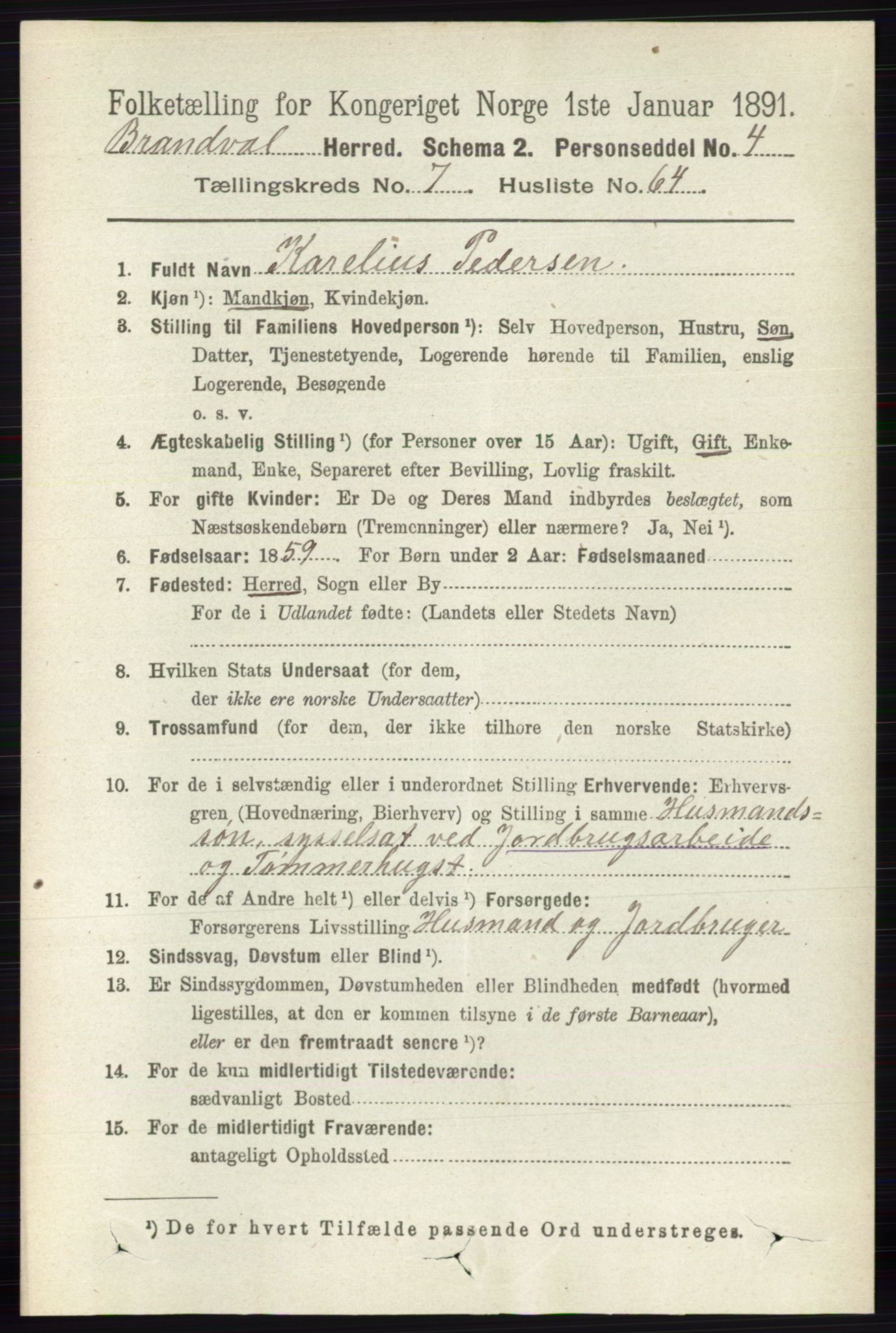 RA, 1891 census for 0422 Brandval, 1891, p. 3743