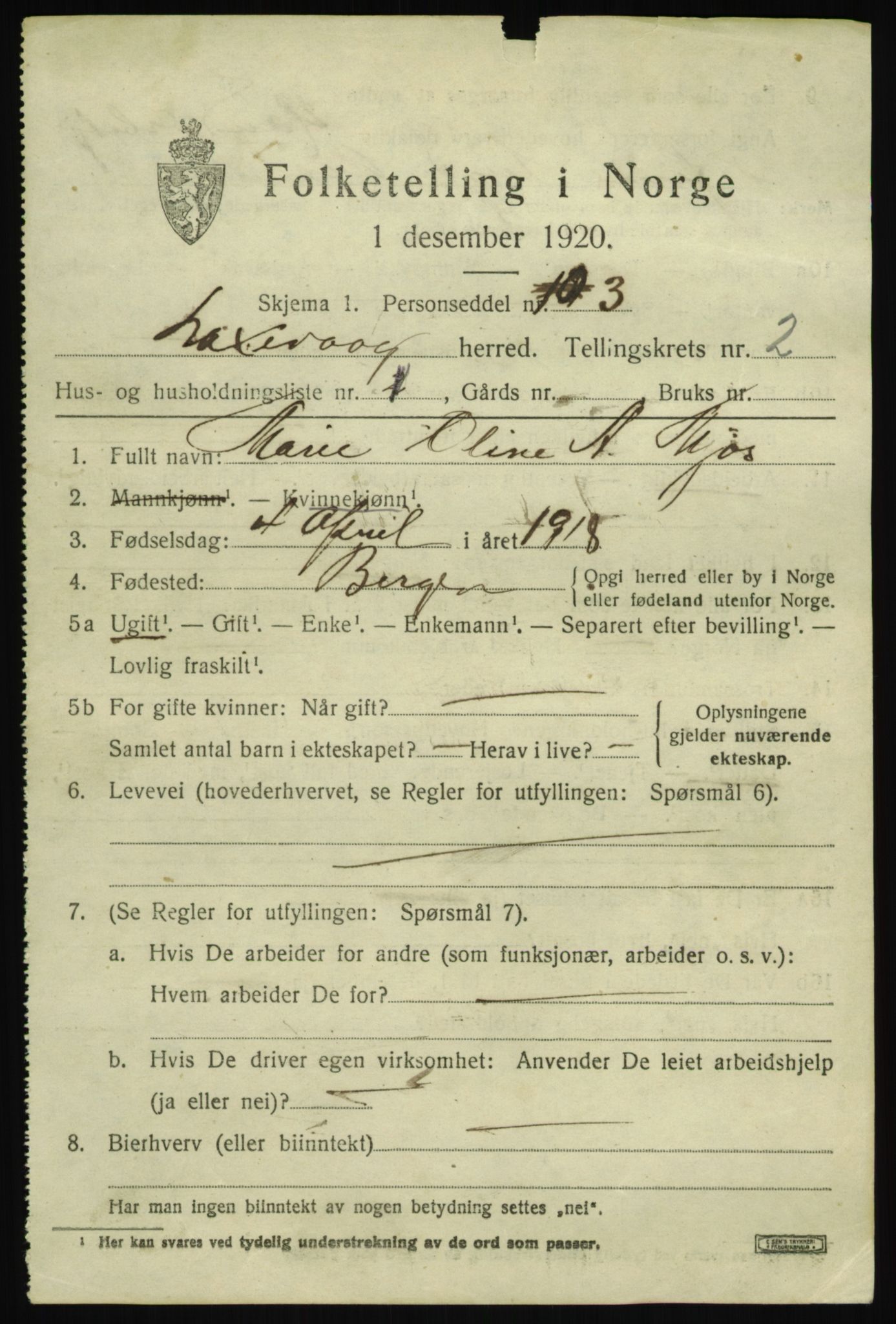 SAB, 1920 census for Laksevåg, 1920, p. 5742