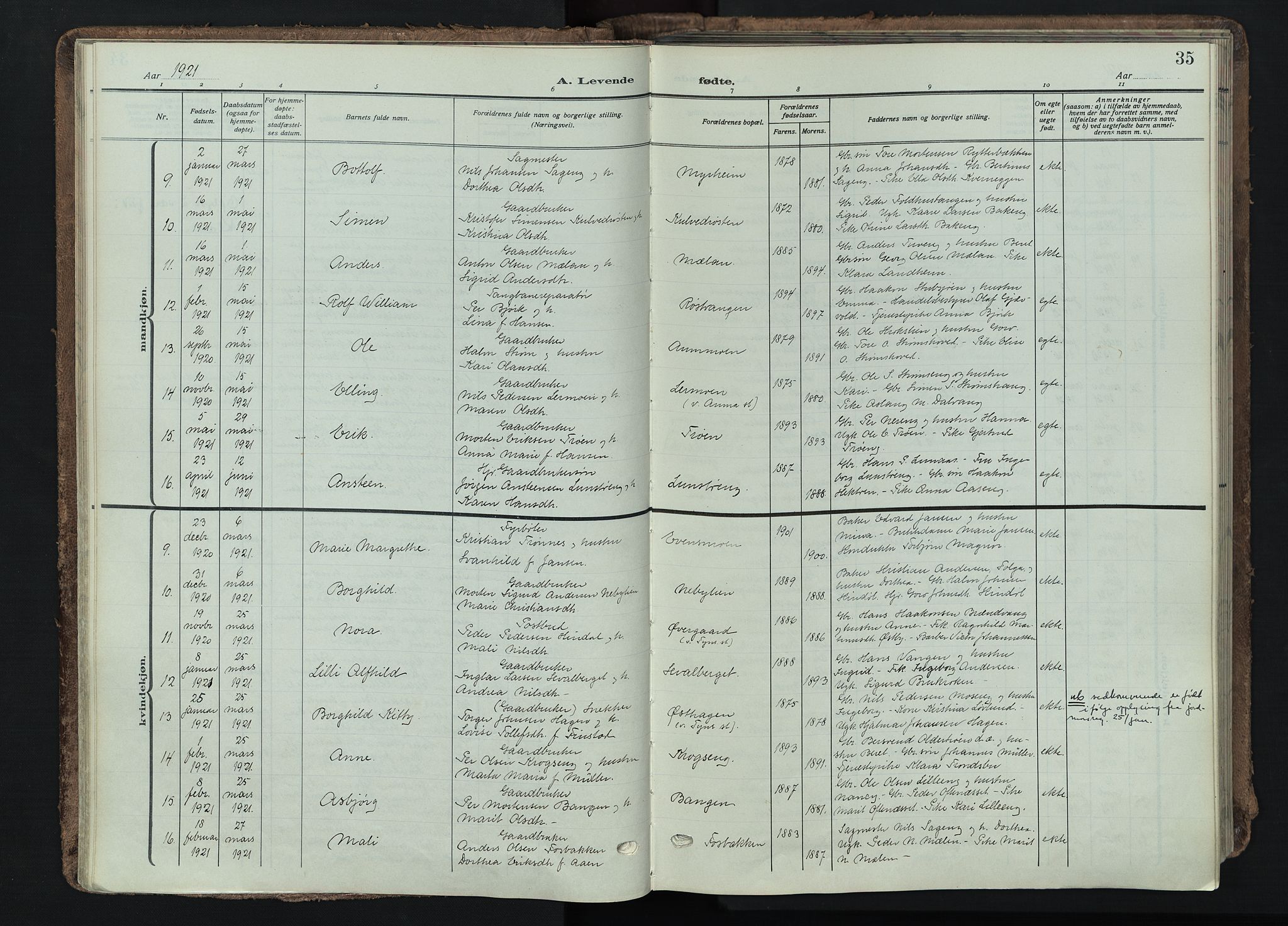 Tynset prestekontor, SAH/PREST-058/H/Ha/Haa/L0026: Parish register (official) no. 26, 1915-1929, p. 35