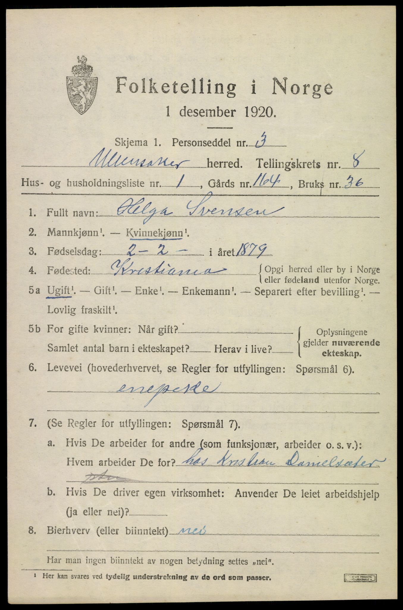 SAO, 1920 census for Ullensaker, 1920, p. 14293