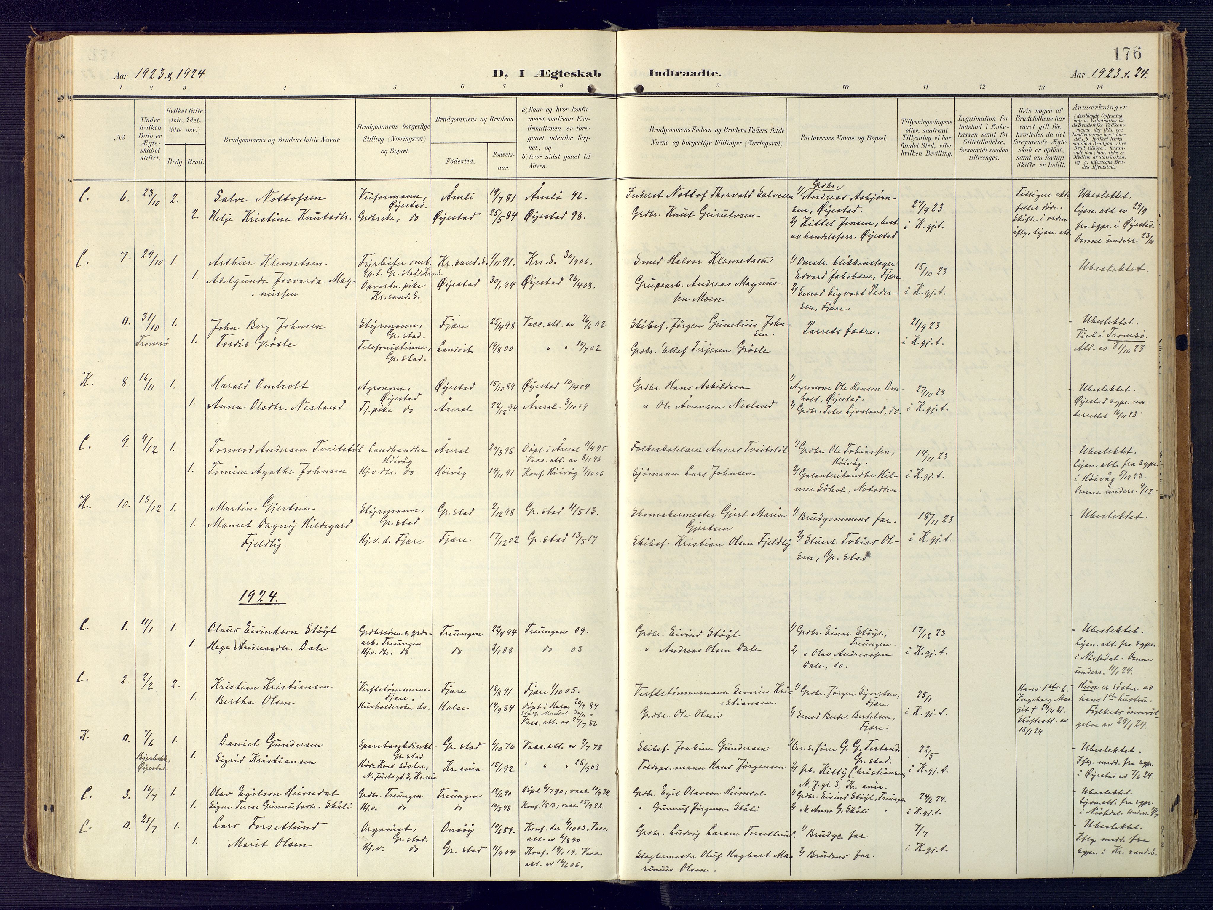 Grimstad sokneprestkontor, SAK/1111-0017/F/Fa/L0005: Parish register (official) no. A 4, 1911-1924, p. 176