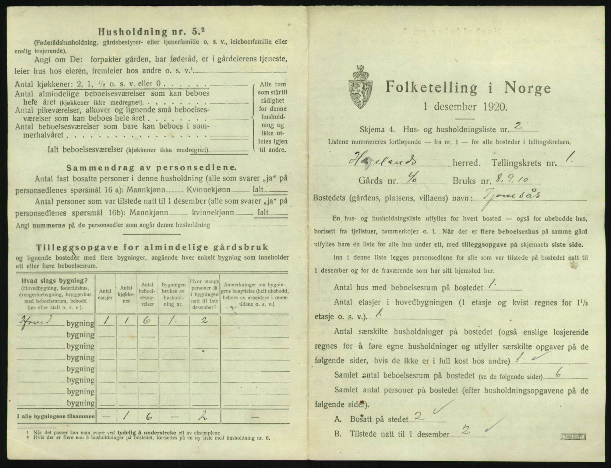 SAK, 1920 census for Hægeland, 1920, p. 33