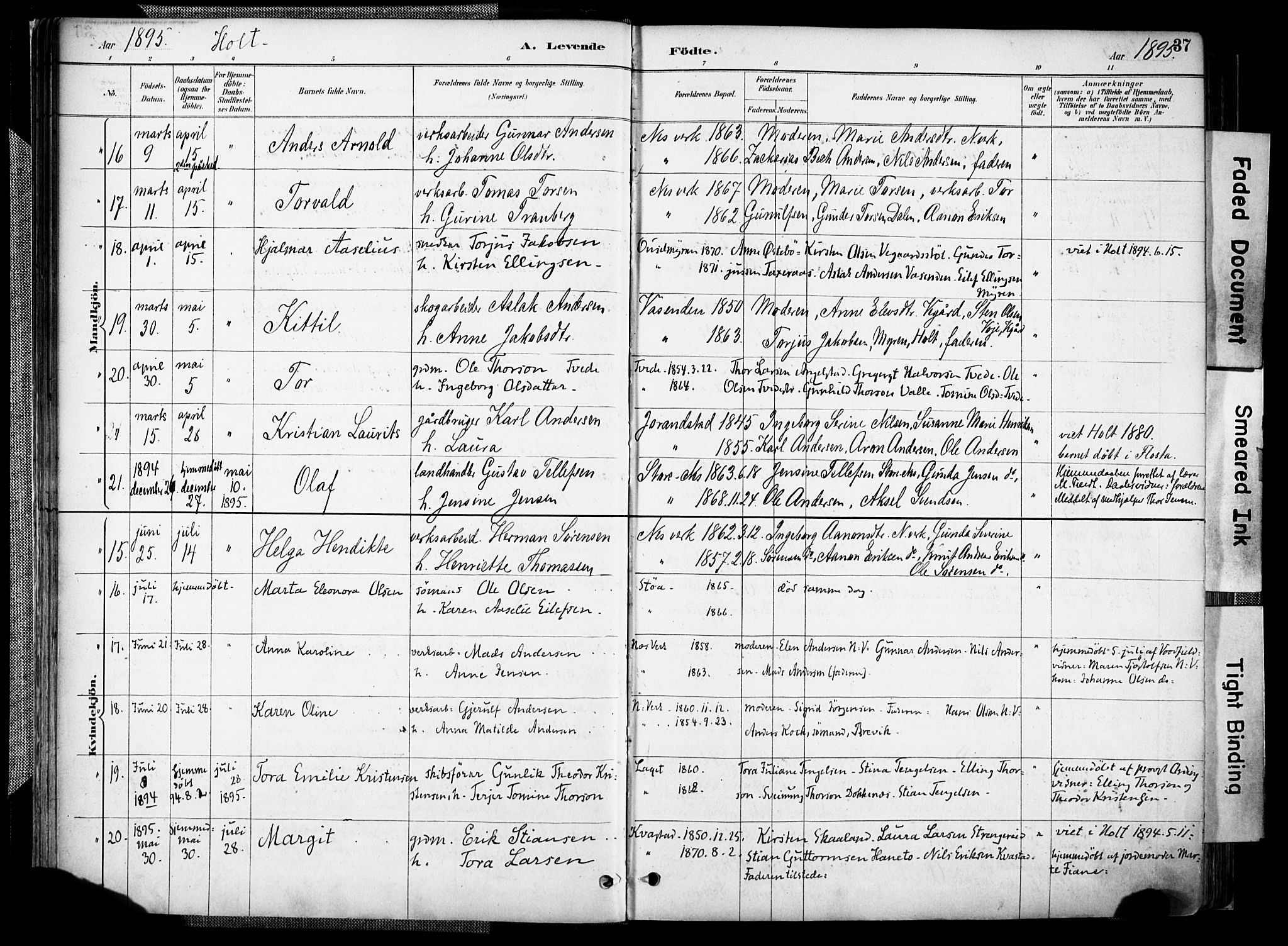 Holt sokneprestkontor, AV/SAK-1111-0021/F/Fa/L0012: Parish register (official) no. A 12, 1885-1907, p. 37