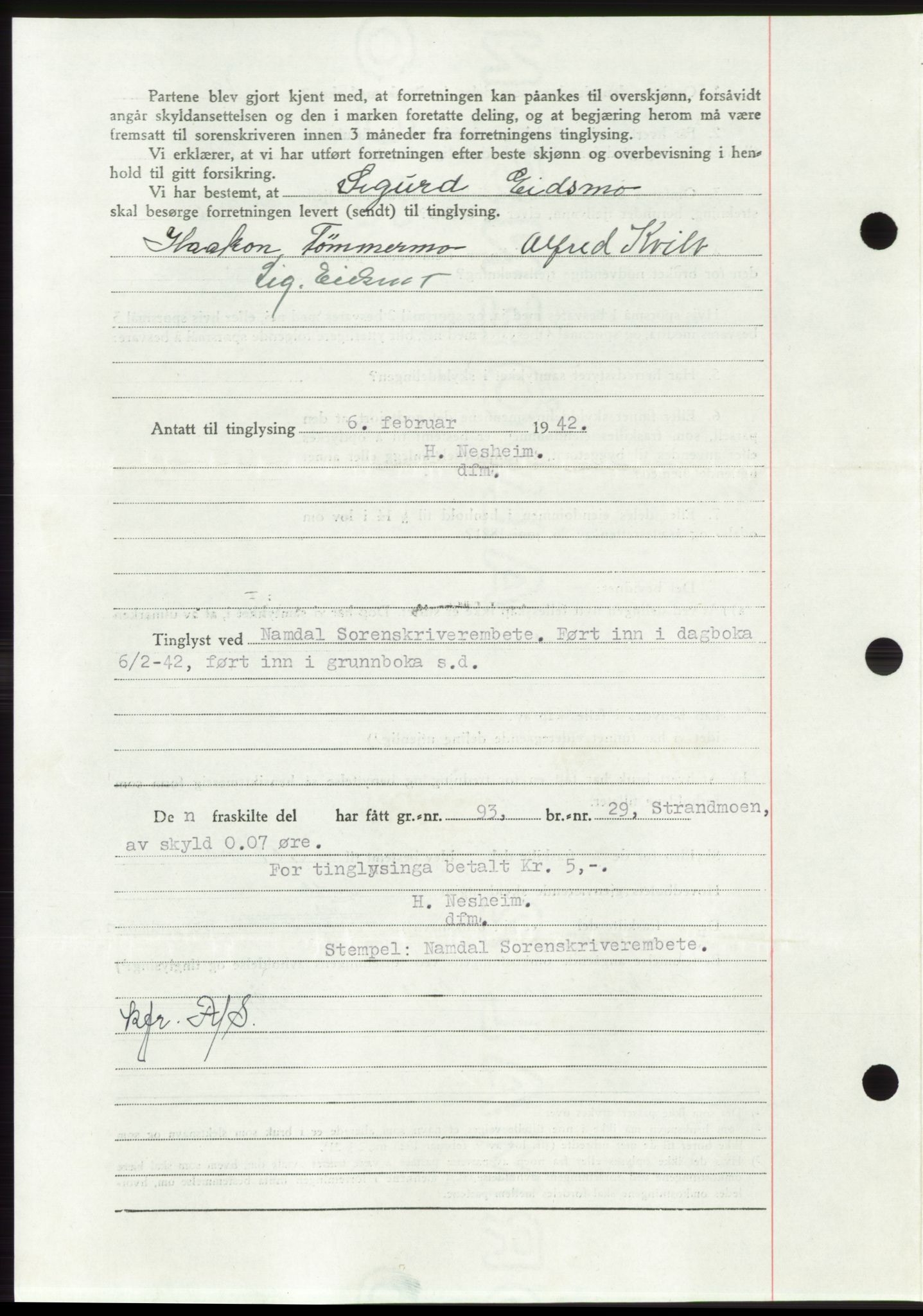 Namdal sorenskriveri, AV/SAT-A-4133/1/2/2C: Mortgage book no. -, 1941-1942, Diary no: : 309/1942