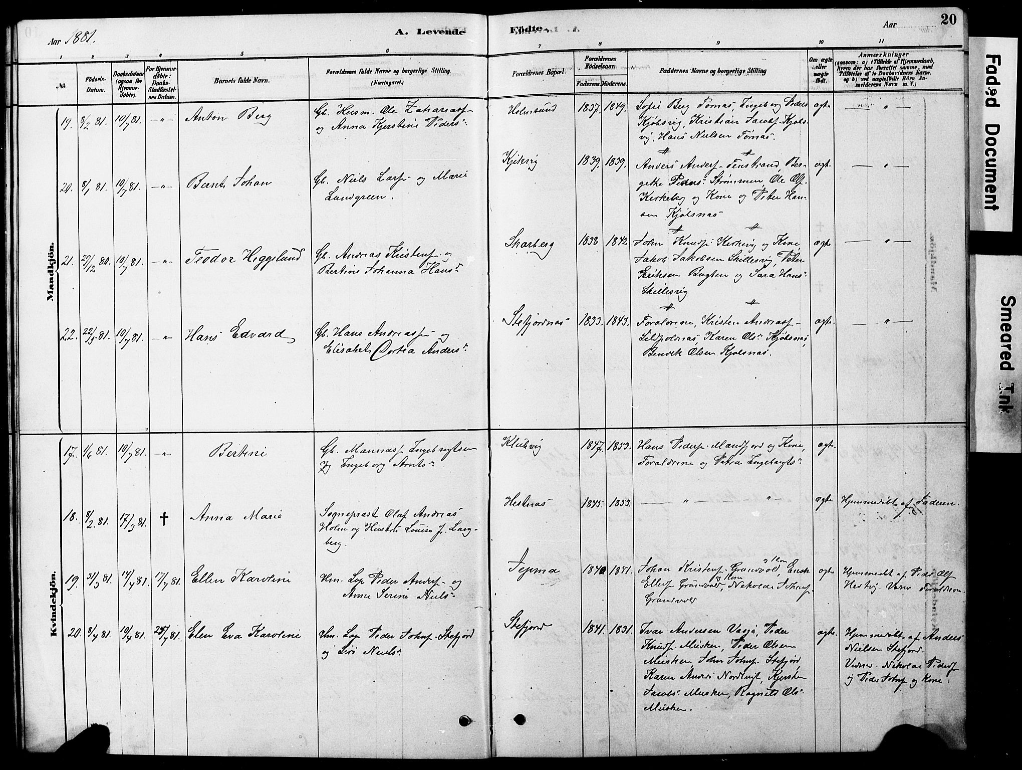 Ministerialprotokoller, klokkerbøker og fødselsregistre - Nordland, AV/SAT-A-1459/861/L0875: Parish register (copy) no. 861C01, 1879-1887, p. 20