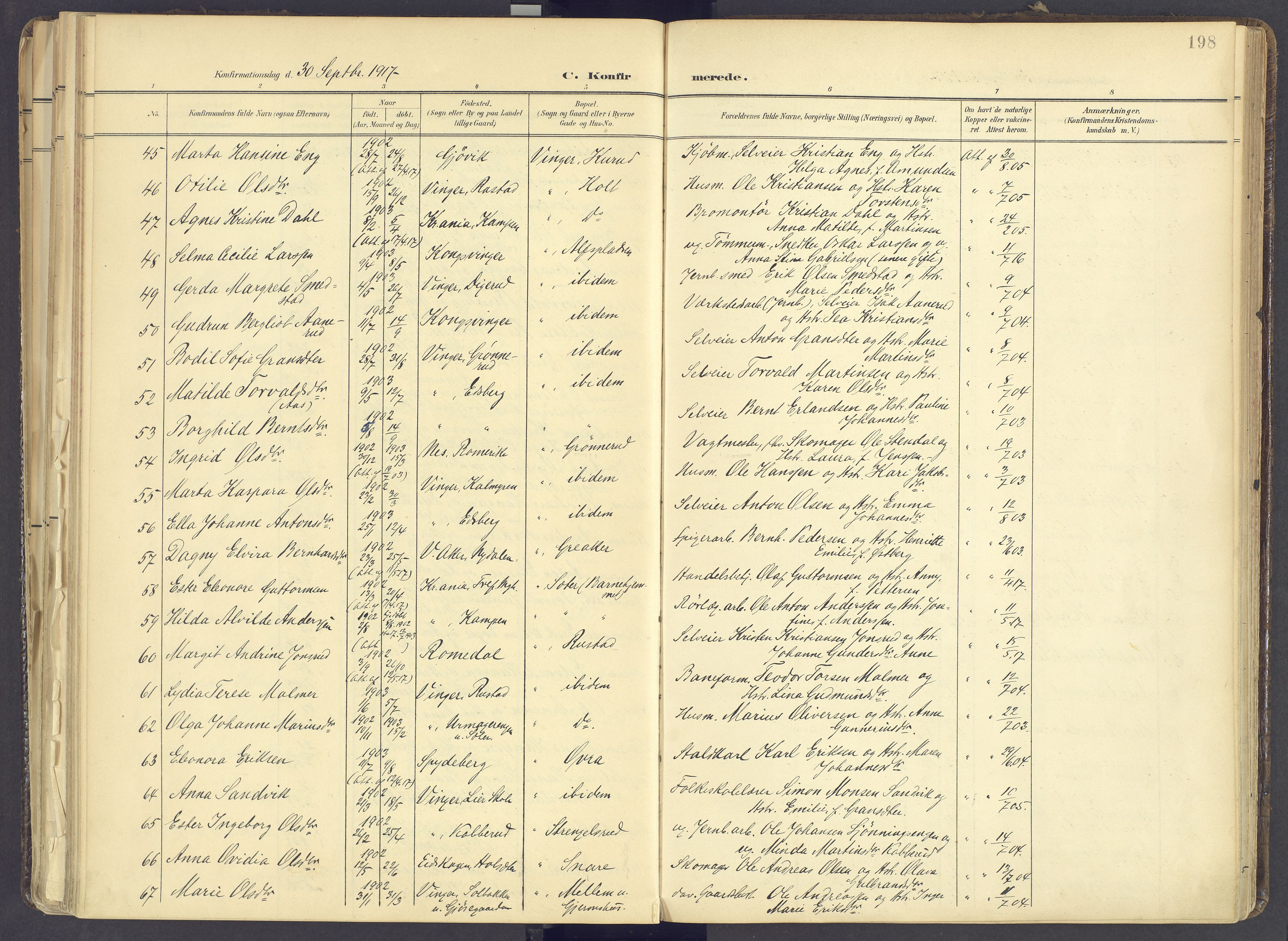 Vinger prestekontor, AV/SAH-PREST-024/H/Ha/Haa/L0017: Parish register (official) no. 17, 1901-1927, p. 198