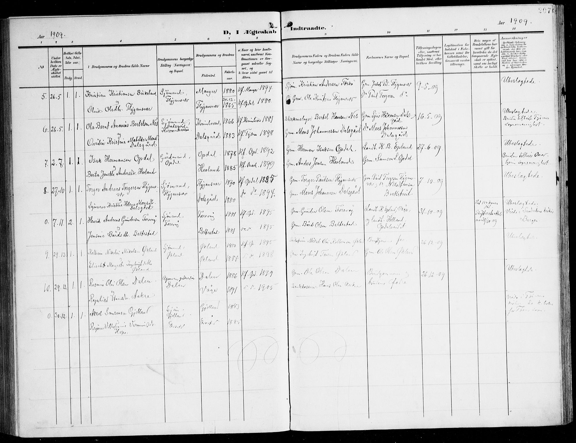 Tysnes sokneprestembete, AV/SAB-A-78601/H/Haa: Parish register (official) no. D 2, 1905-1922, p. 207