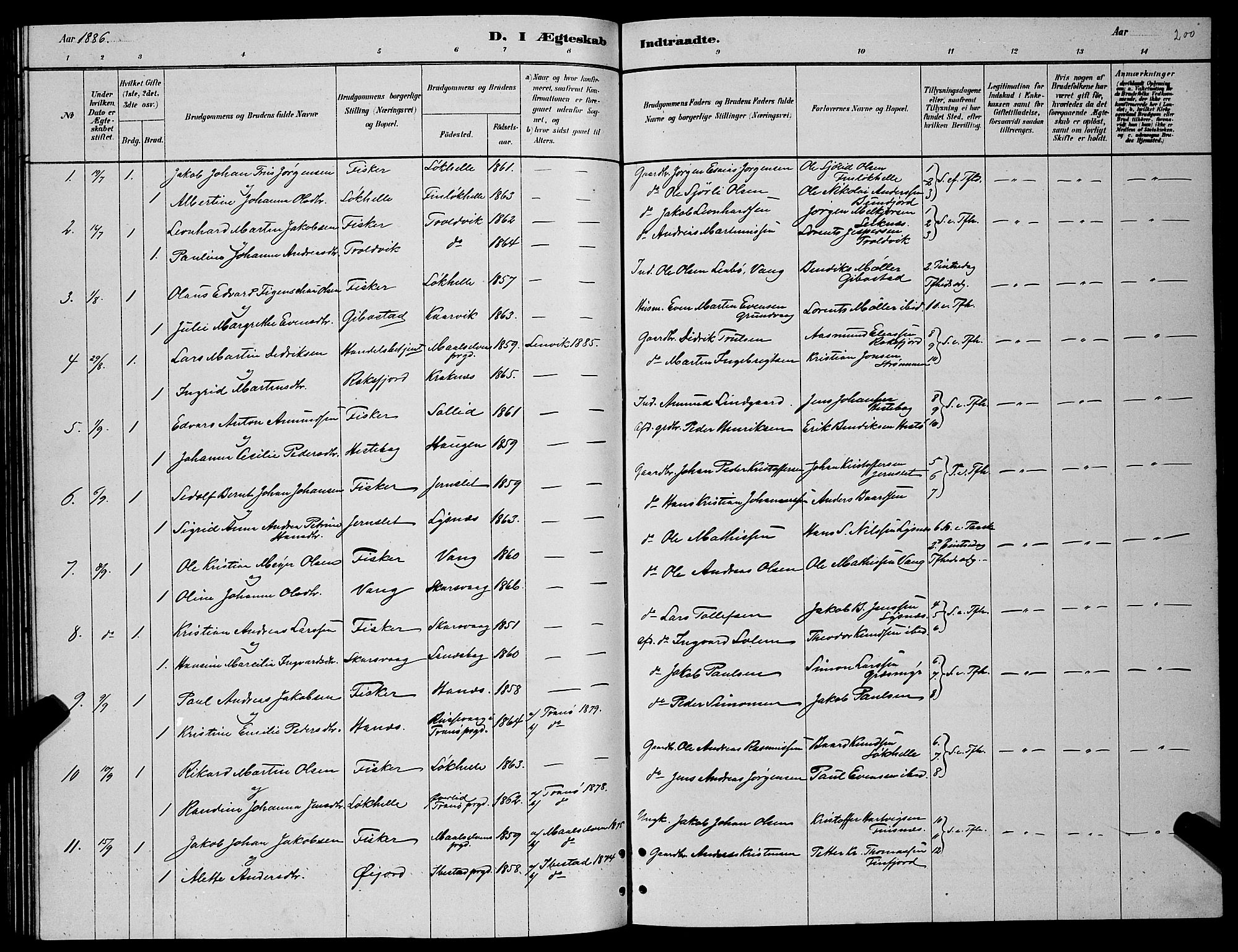 Lenvik sokneprestembete, SATØ/S-1310/H/Ha/Hab/L0006klokker: Parish register (copy) no. 6, 1881-1889, p. 200