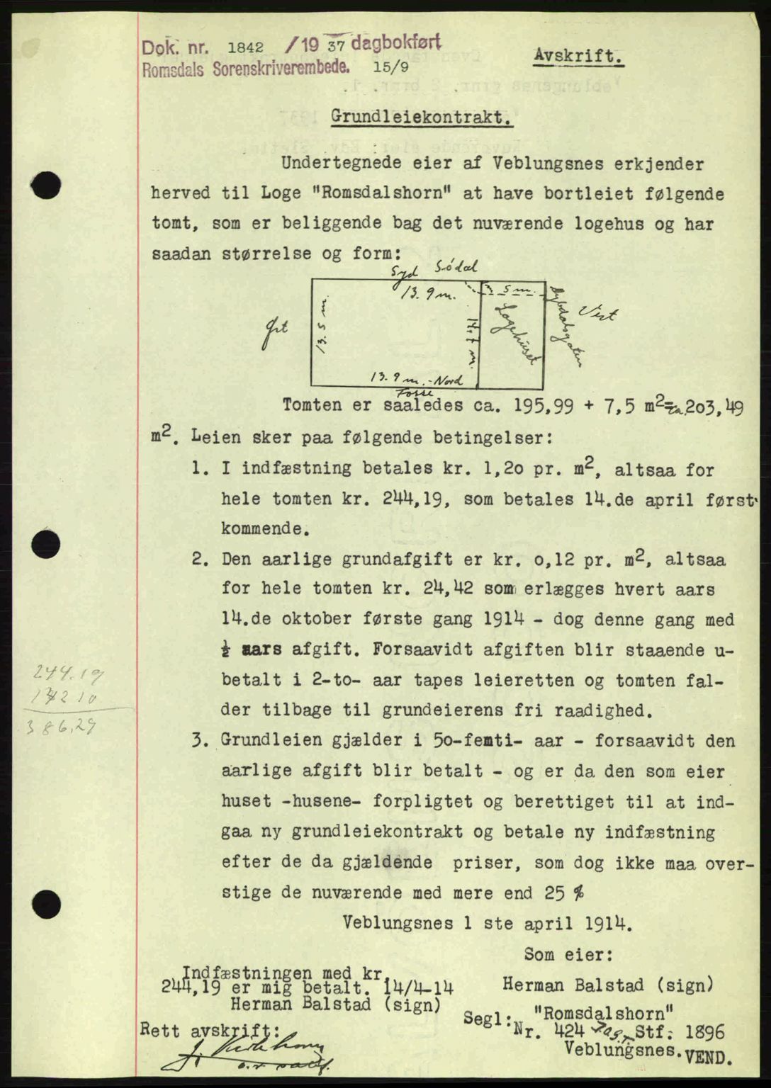 Romsdal sorenskriveri, SAT/A-4149/1/2/2C: Mortgage book no. A3, 1937-1937, Diary no: : 1842/1937