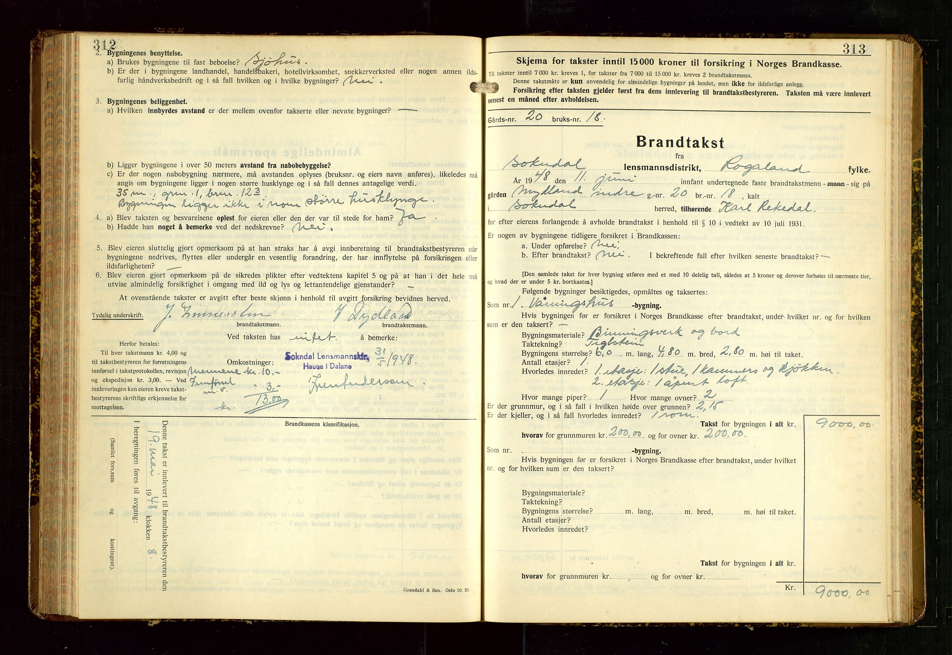 Sokndal lensmannskontor, AV/SAST-A-100417/Gob/L0008: "Brandtakst-Protokoll", 1937-1955, p. 312-313