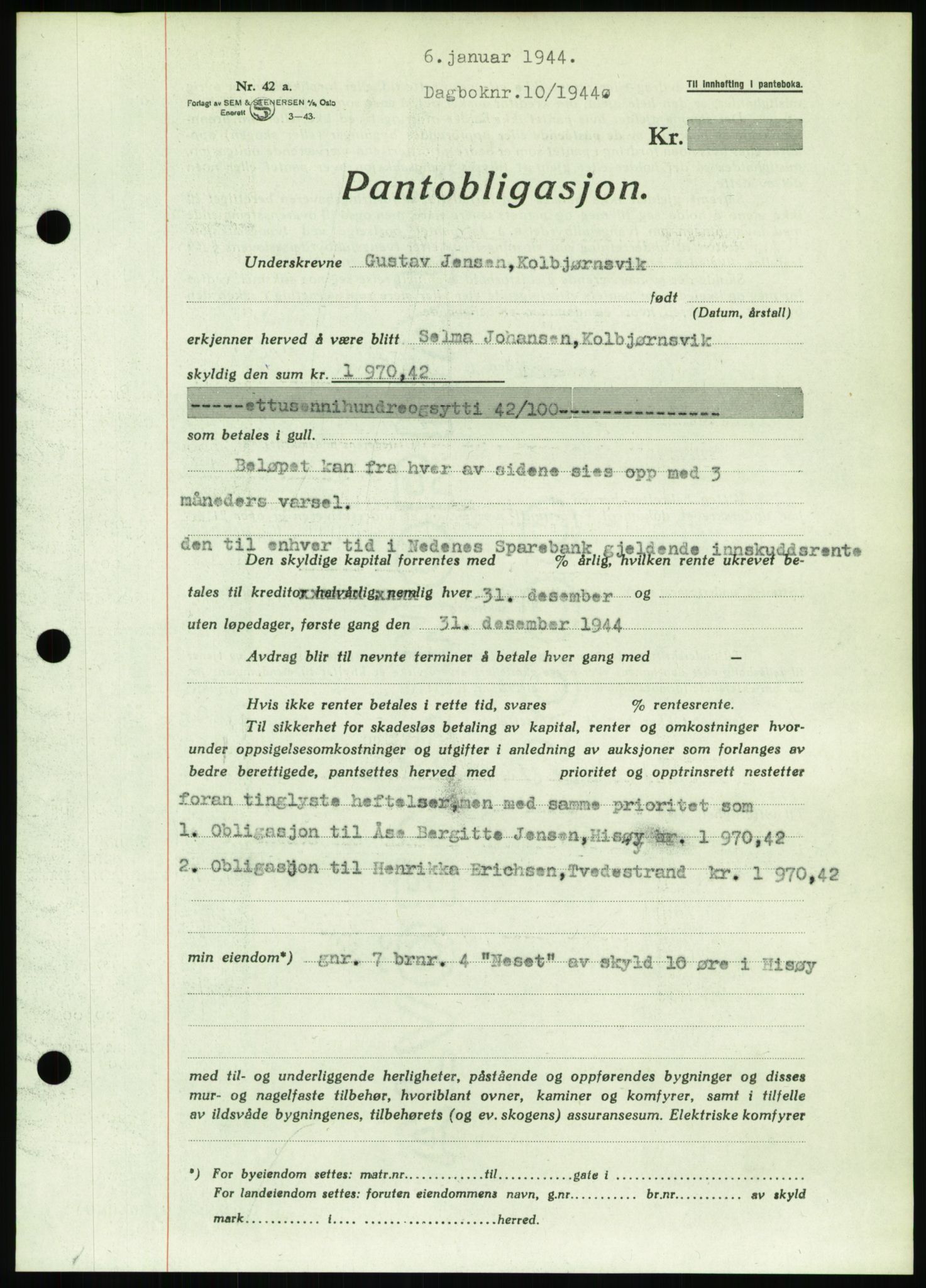 Nedenes sorenskriveri, AV/SAK-1221-0006/G/Gb/Gbb/L0002: Mortgage book no. II, 1942-1945, Diary no: : 10/1944