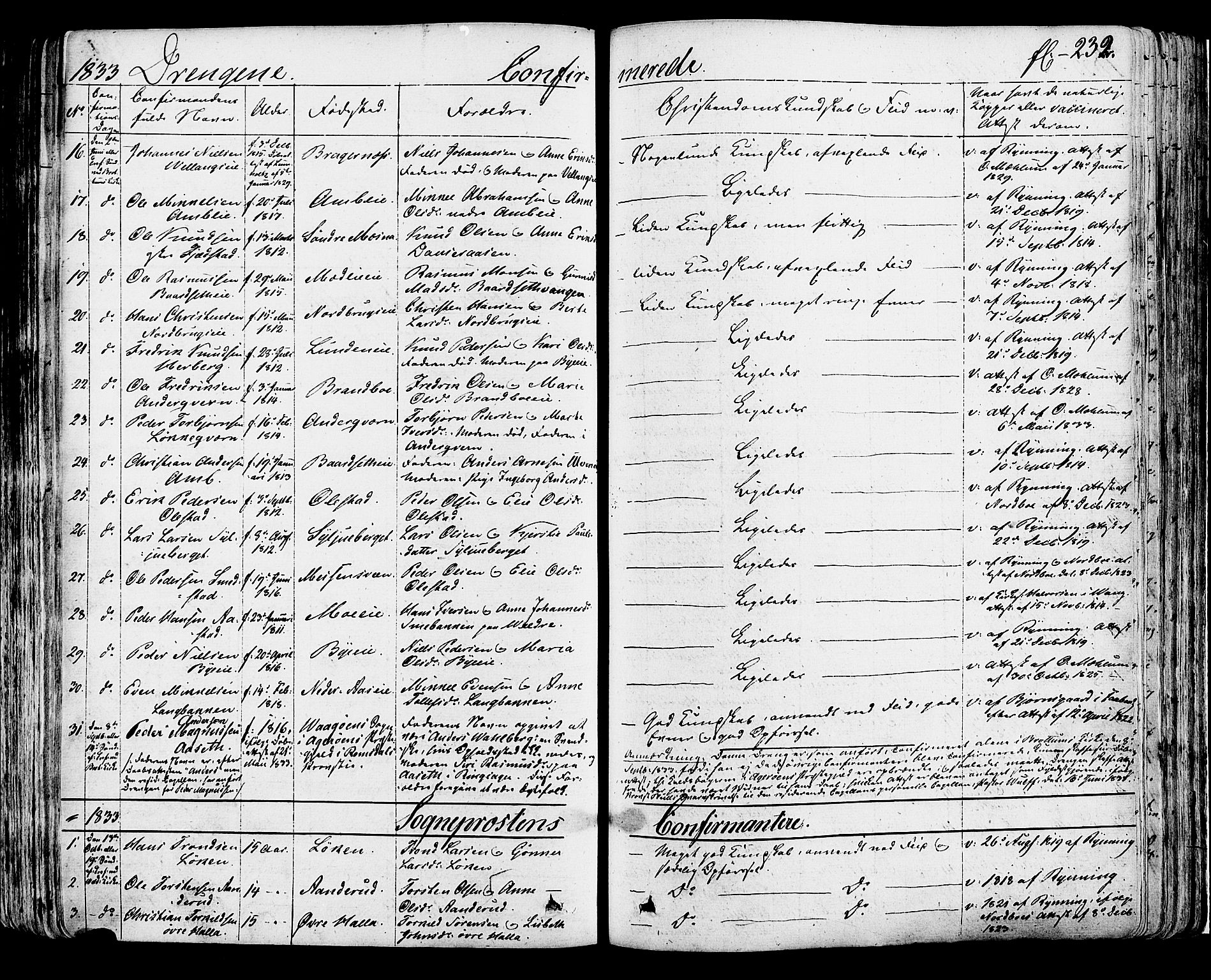 Ringsaker prestekontor, AV/SAH-PREST-014/K/Ka/L0007: Parish register (official) no. 7A, 1826-1837, p. 232