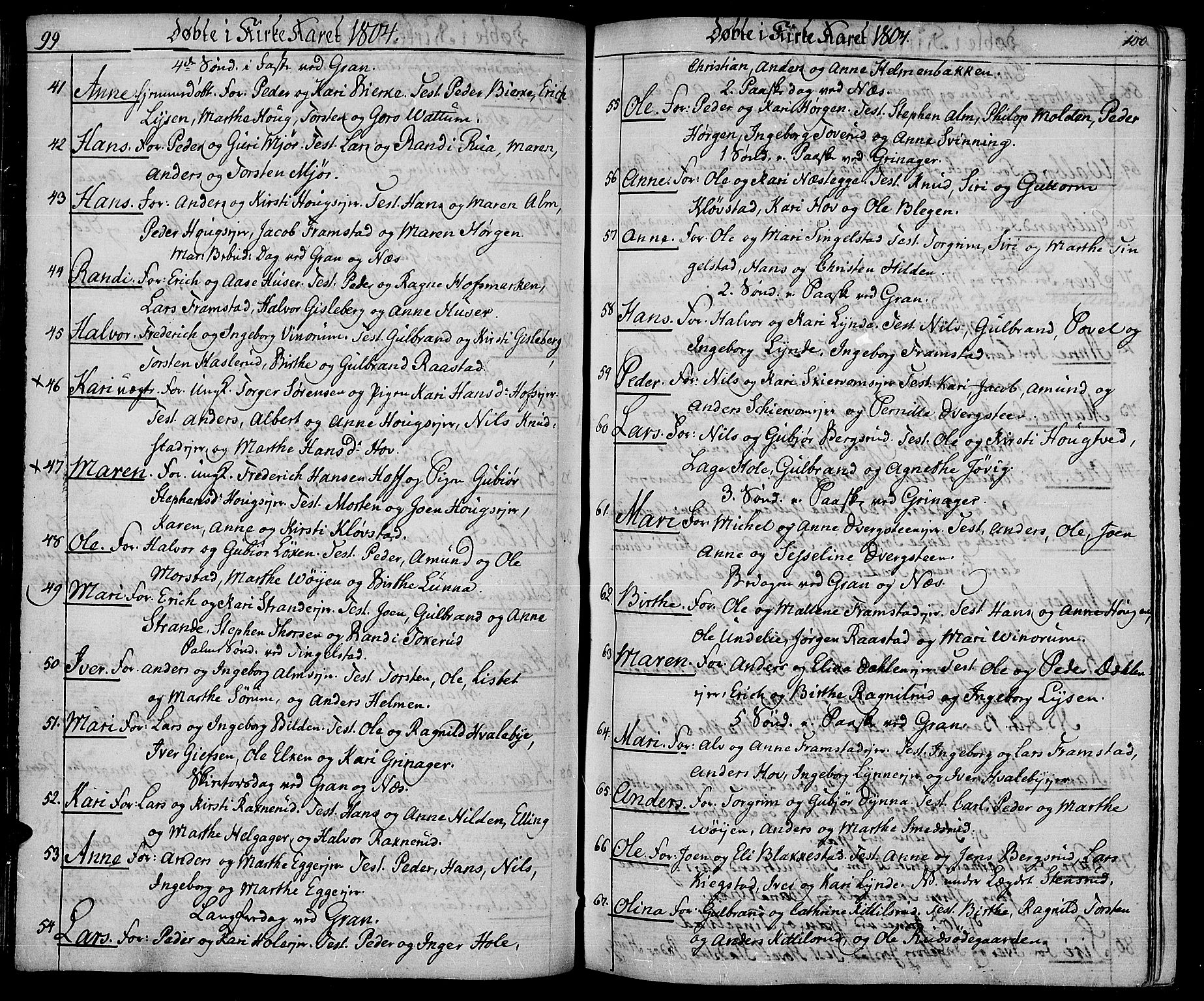 Gran prestekontor, AV/SAH-PREST-112/H/Ha/Haa/L0008: Parish register (official) no. 8, 1798-1811, p. 99-100