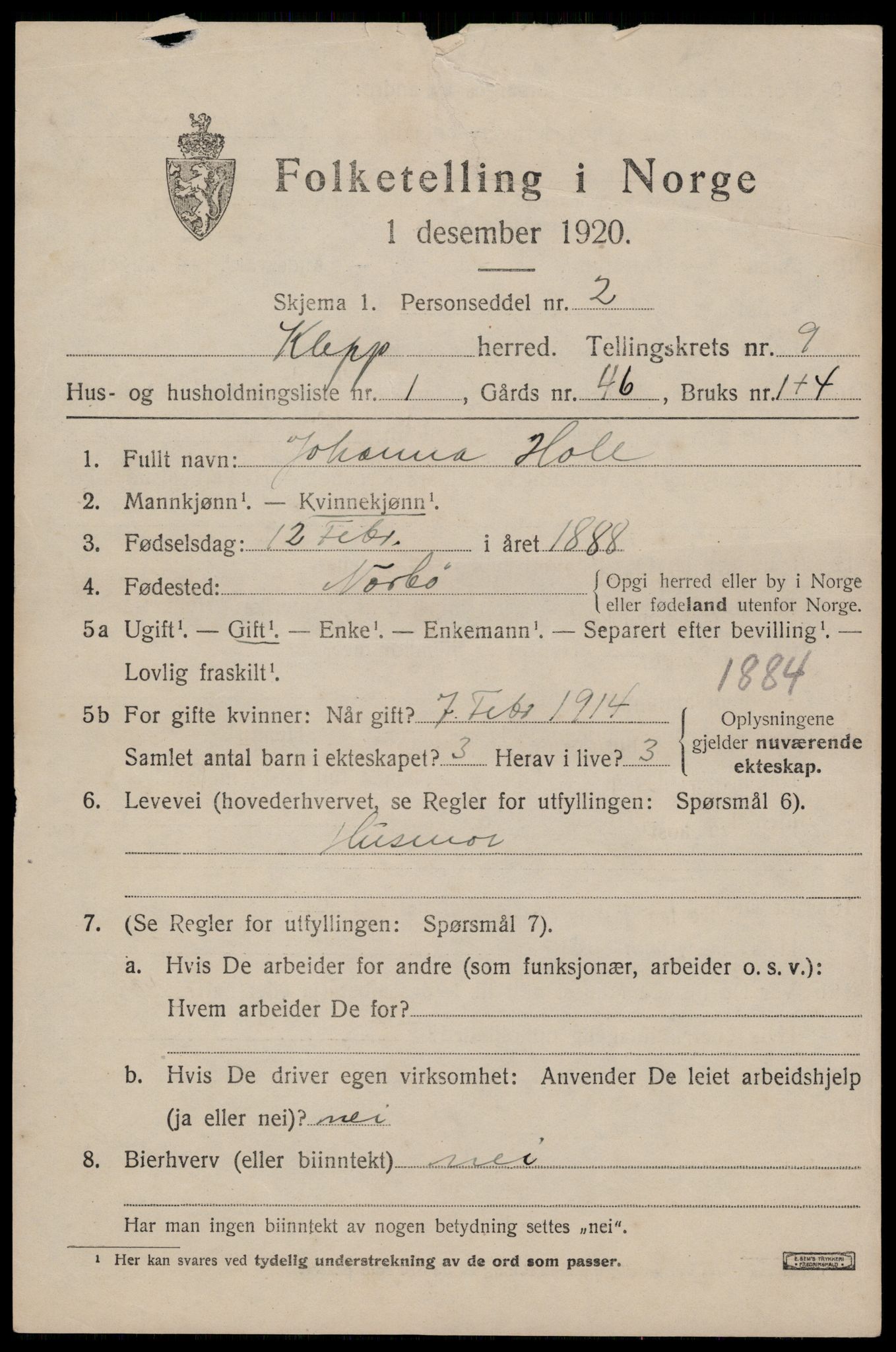 SAST, 1920 census for Klepp, 1920, p. 7558